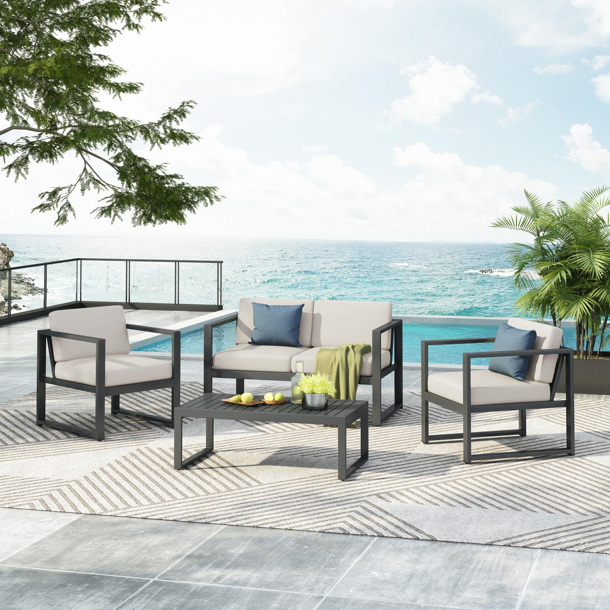 Christopher Knight Home Tundr Outdoor 4 Seater Chat Set with Coffee Table, Patio Conversation Sets, Sectional Aluminum Furniture Set with Cushions, 2 Chairs and Loveseat Set, Black Finish + Beige Christopher Knight Home