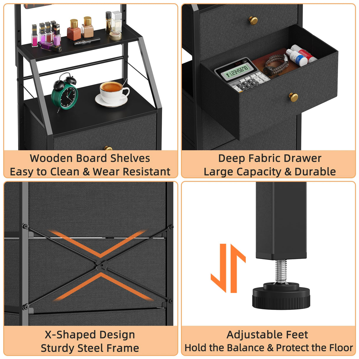 HIGDBFE Dresser with Mirror, 4 Drawers Dresser with 2-Tier Shelves, Freestanding Fabric Chest of Drawers for Small Space, Tall Narrow Nightstand Vanity for Bedroom, Hallway, Dorm, Black, 15.3" W HIGDBFE