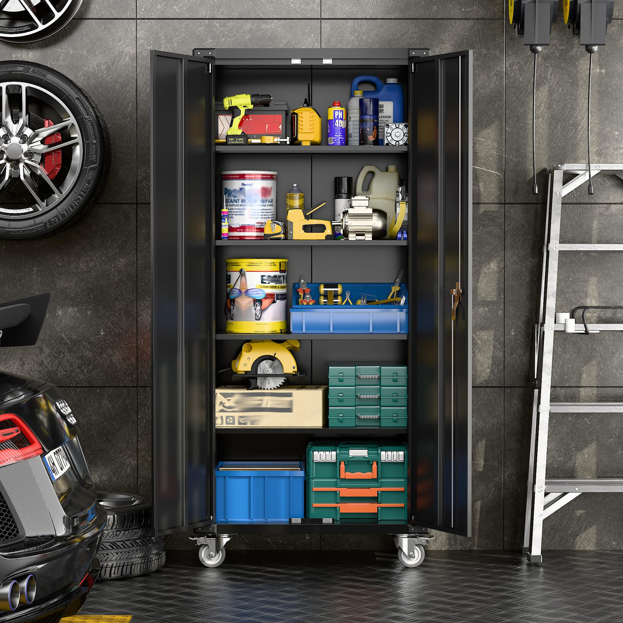 SUXXAN 72" Tall Metal Storage Cabinets with Doors and 4 Adjustable Shelves, Lockable Rolling Cabinet Black, Home Office Metal Utility Cabinet for Garage Kitchen, Assembly Required SUXXAN