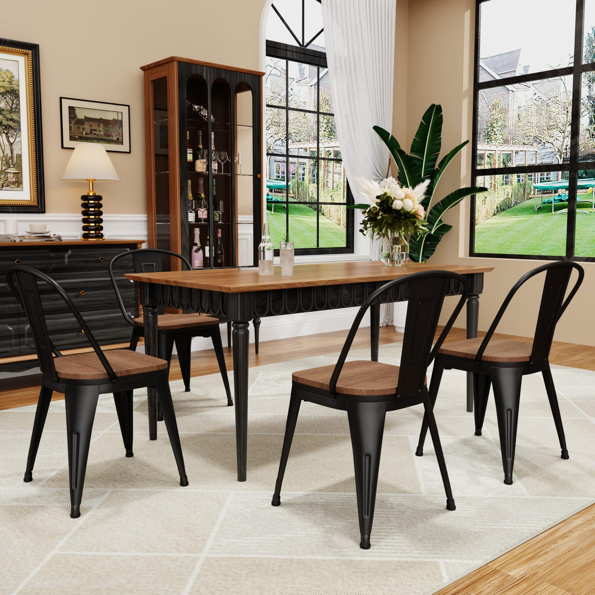 18 Inch Metal Dining Chairs Set of 4,Arlunar Farmhouse Chairs Black Dining Room Chairs Stackable with Back and Wooden Seat bar stools Arlunar home