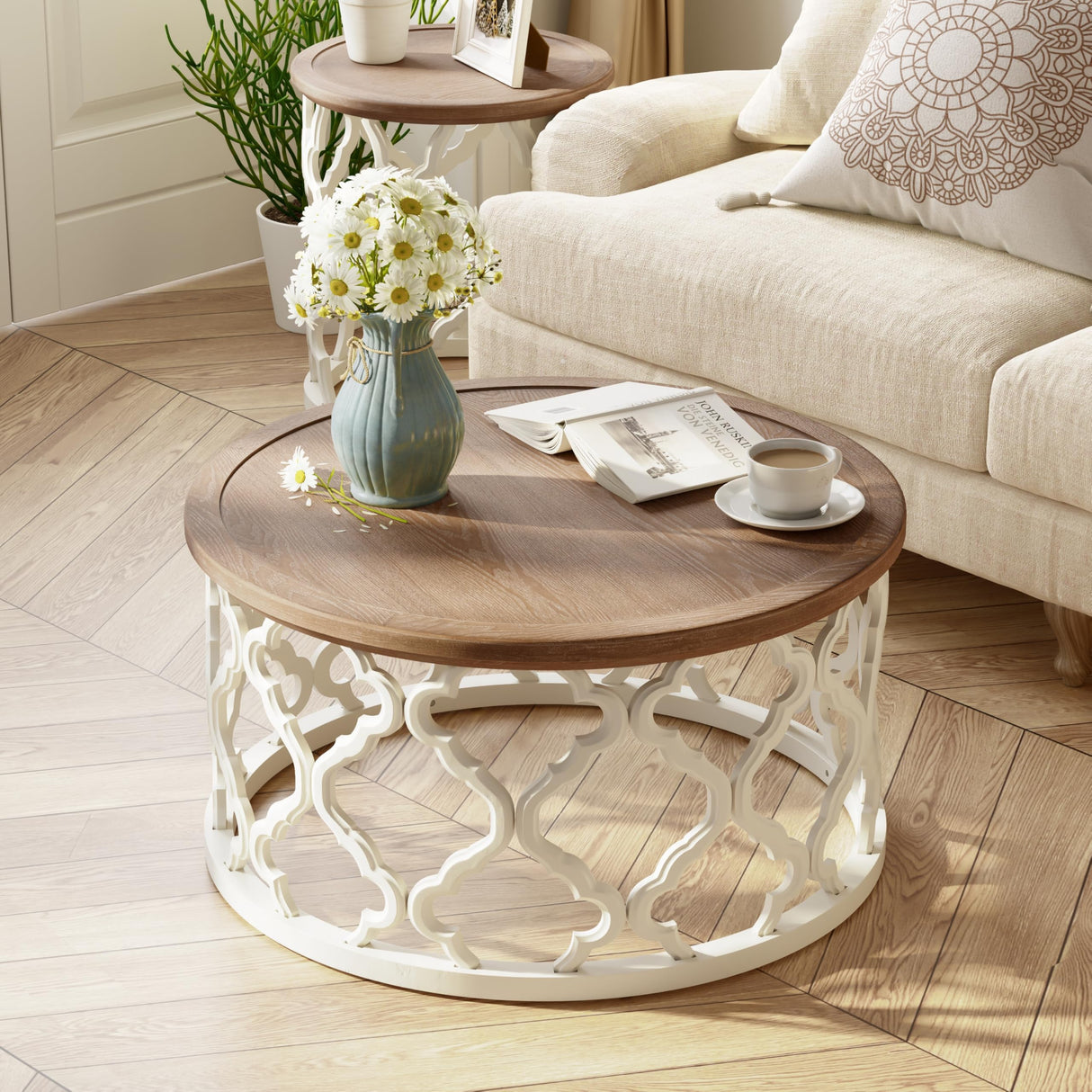 COZAYH Farmhouse Coffee Table, Distressed Tray Top Table with Curved Motif Frame Base for Boho, Rustic, French Country Decor, Round, White COZAYH