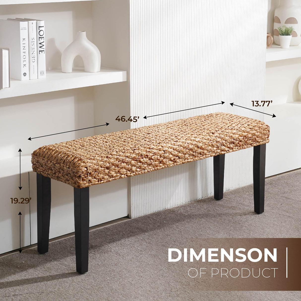 AV CONNECT Acacia Solid Wood Bench with Woven Water Hyacinth Seat, Entryway Bench, Wicker Benches Indoor for Hallway, End of Bed, Kitchen, Rustic Farmhouse Boho (Plait Style - Black Leg) AV CONNECT