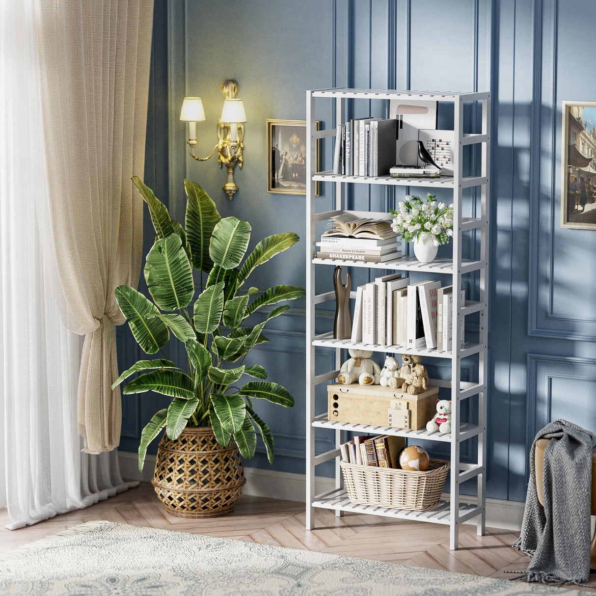 HITNET Bookshelf, 6-Tier Tall Bookcase Freestanding Bamboo Book Shelf Bathroom Storage Organizer with Adjustable Shelves, White HITNET