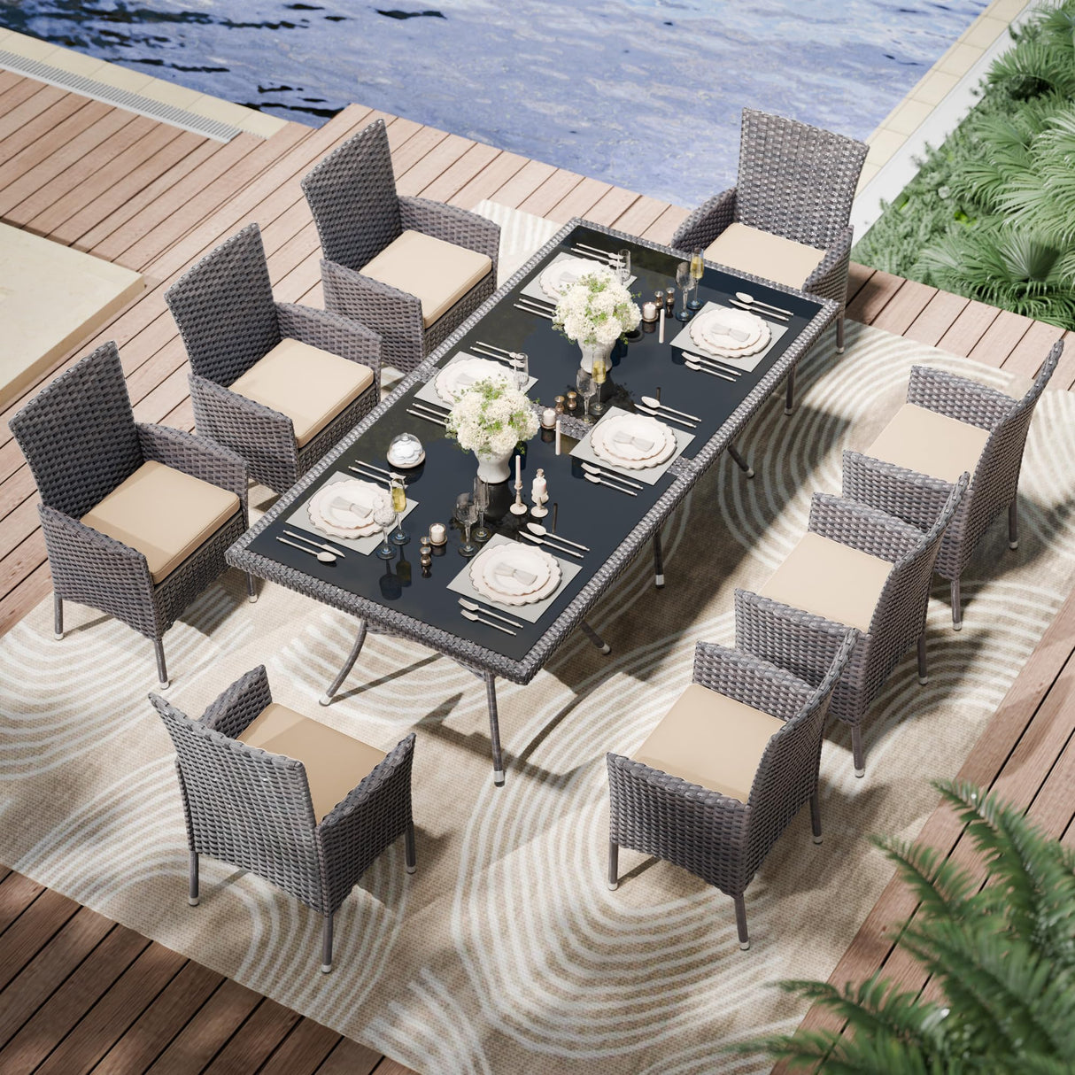 Kullavik 10-Piece Outdoor Dining Set Patio Rattan Furniture Set,Patio Dining Table and Chairs Set with 8 Chairs and Cushions,Square Glass Tabletop with Umbrella Hole for Patio,Backyard,Garden,Sand Kullavik