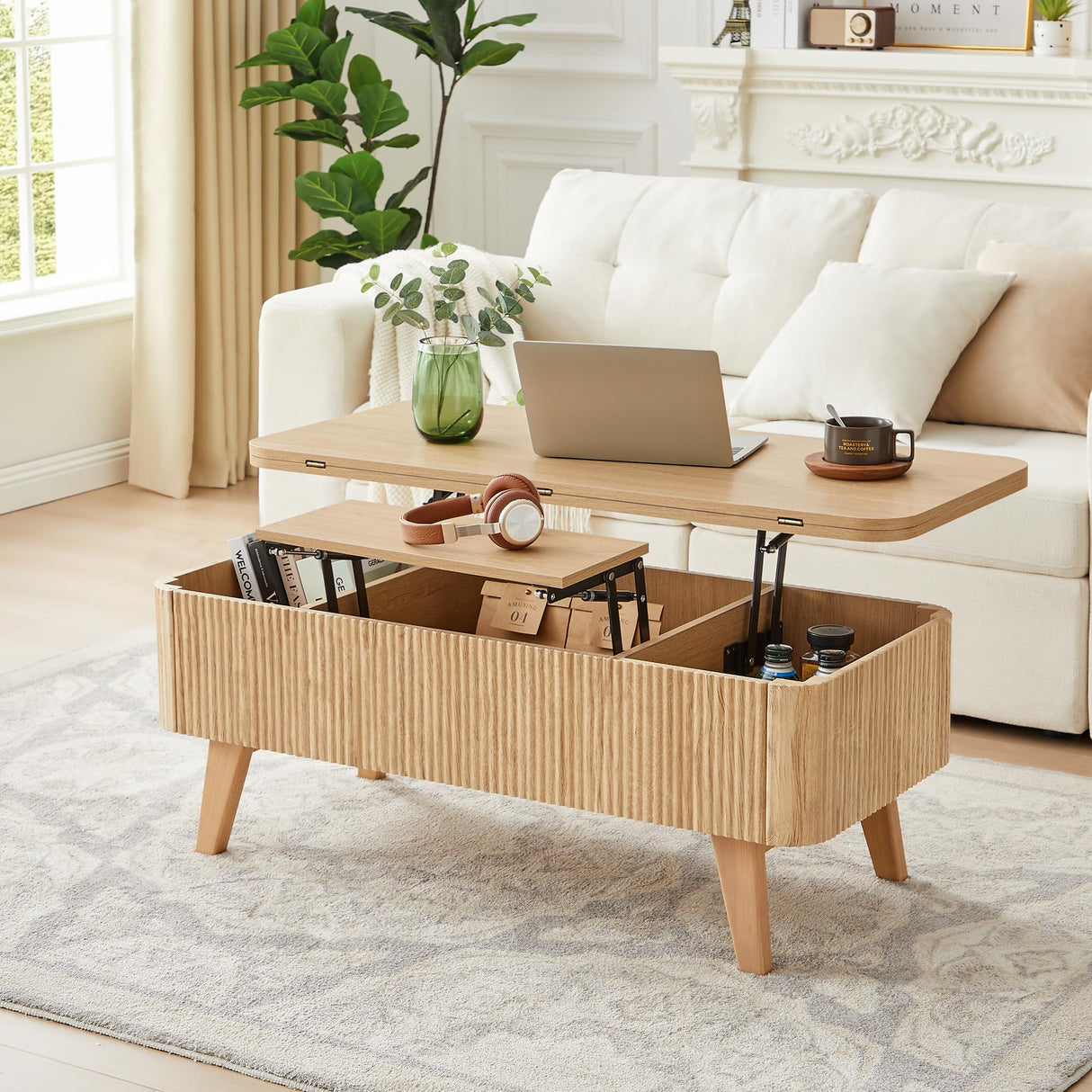 3 in 1 Lift Top Coffee Table, Fluted Convertible Coffee Tables Converts to Dining Tables, Modern Oval Wooden Center Table with Storage for Living Room Office Small Space, Partial Assembly (Natural) ORRD