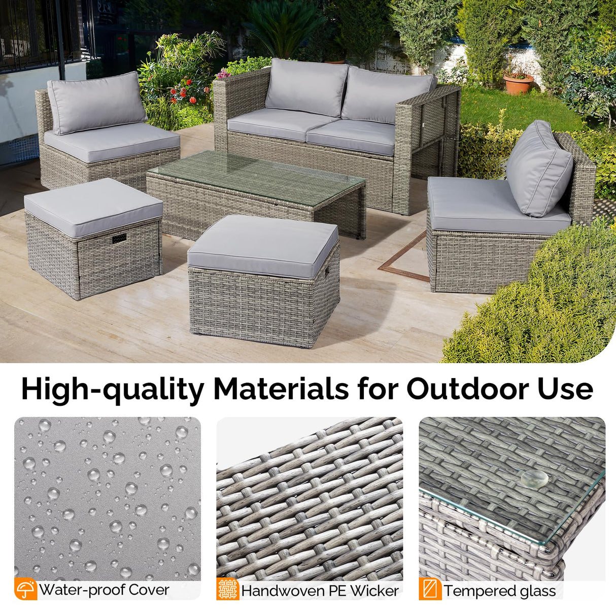 VINGLI 6 Pieces Wicker Patio Furniture Set, Outdoor Sectional Furniture Patio Conversation Set Space-Saving Design with Ottomans and Coffee Table for Garden,Poolside, Backyard(Grey) VINGLI