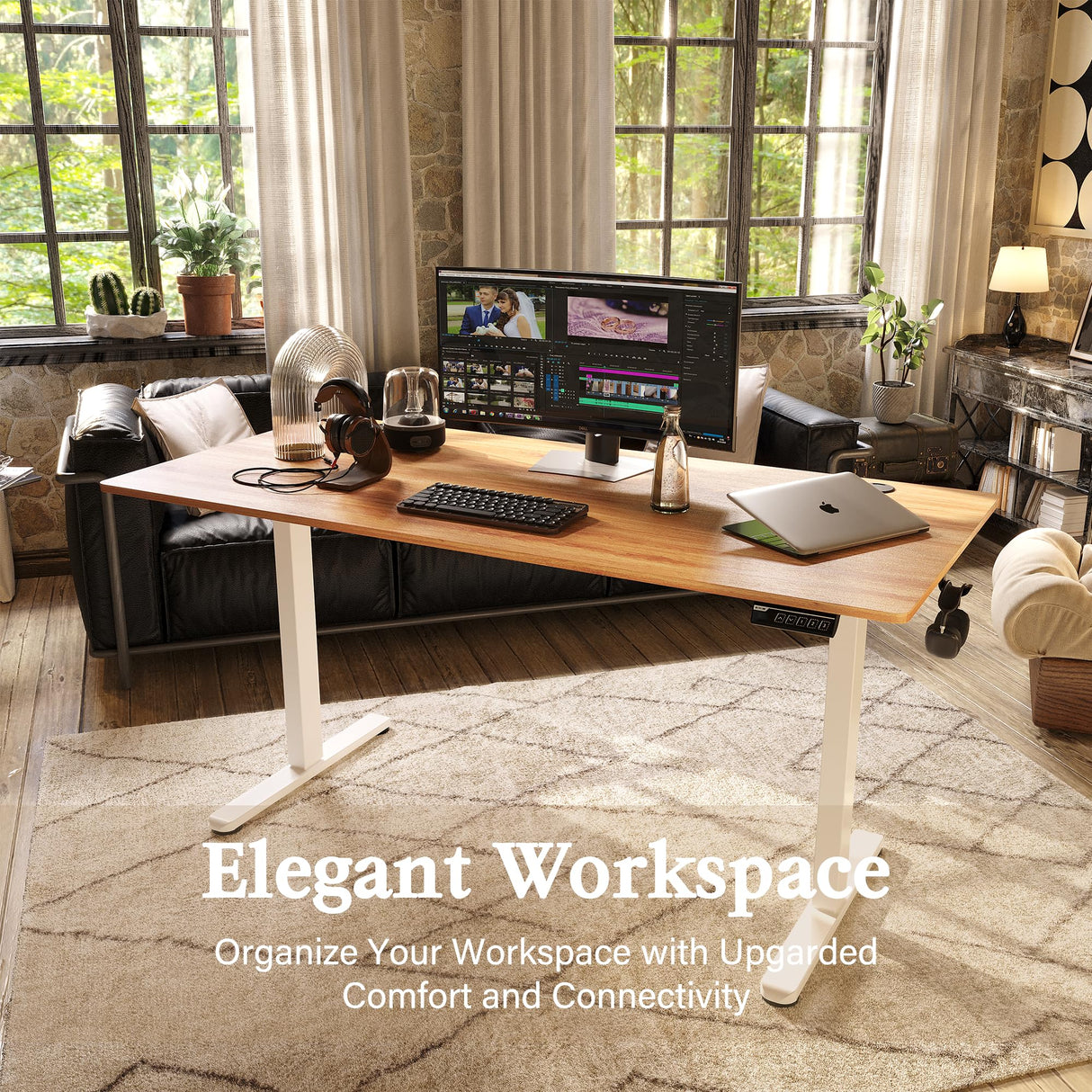 Monomi Electric Standing Desk, 63 x 28 inches Height Adjustable Desk, Ergonomic Home Office Sit Stand Up Desk with Memory Preset Controller (Natural Top/White Frame) Monomi