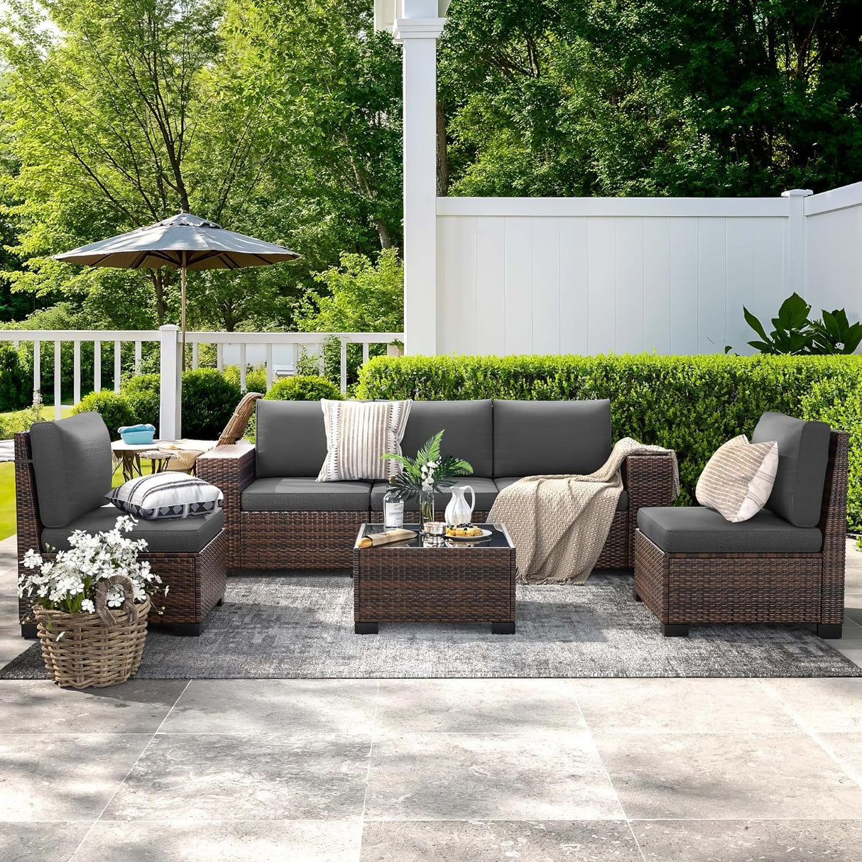 VONZOY Patio Furniture Set, 6 Pieces Outdoor Sectional Sofa Conversation Sets, Brown PE Rattan Wicker Seating Set, 4'' Thickened Cushions & 1 Glass Coffee Table for Backyard Poolside, Grey VONZOY