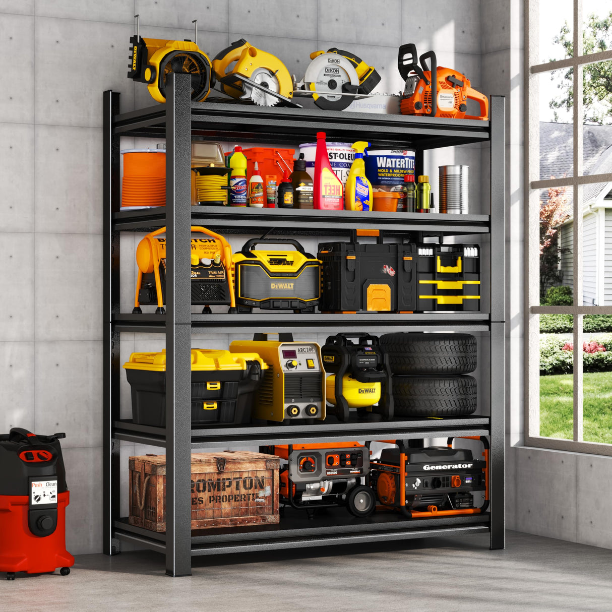 78''H Garage Shelving Heavy Duty Garage Storage Shelves, 3000 LBS Adjustable 5 Tier Industrial Shelving Unit, Metal Utility Shelf for Basement, Warehouse and Workshop (78''Hx36''Wx16''D, Black) ErgoNova