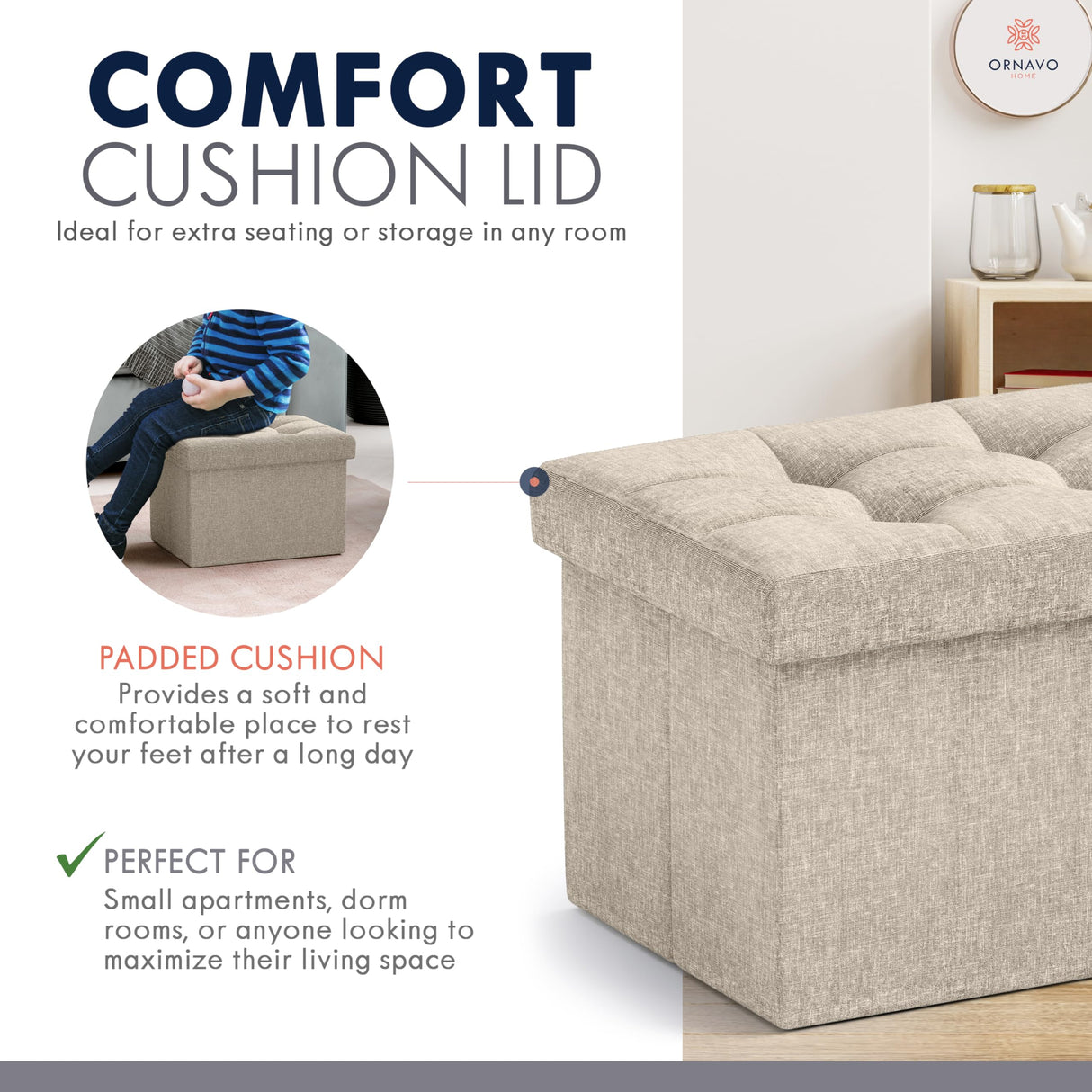 Ornavo Home Small Storage Ottoman Foldable Collapsible Rectangle Linen Ottoman Foot Rest Stool Seat, for Living Room, Bedroom, Home Office, Dorm - 12 x 16 x 12, Beige Ornavo Home