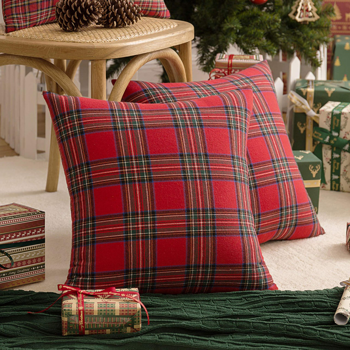 AQOTHES Pack of 2 Christmas Plaid Decorative Throw Pillow Covers Scottish Tartan Cushion Case for Farmhouse Home Holiday Decor Red and Green, 18 x 18 Inches AQOTHES