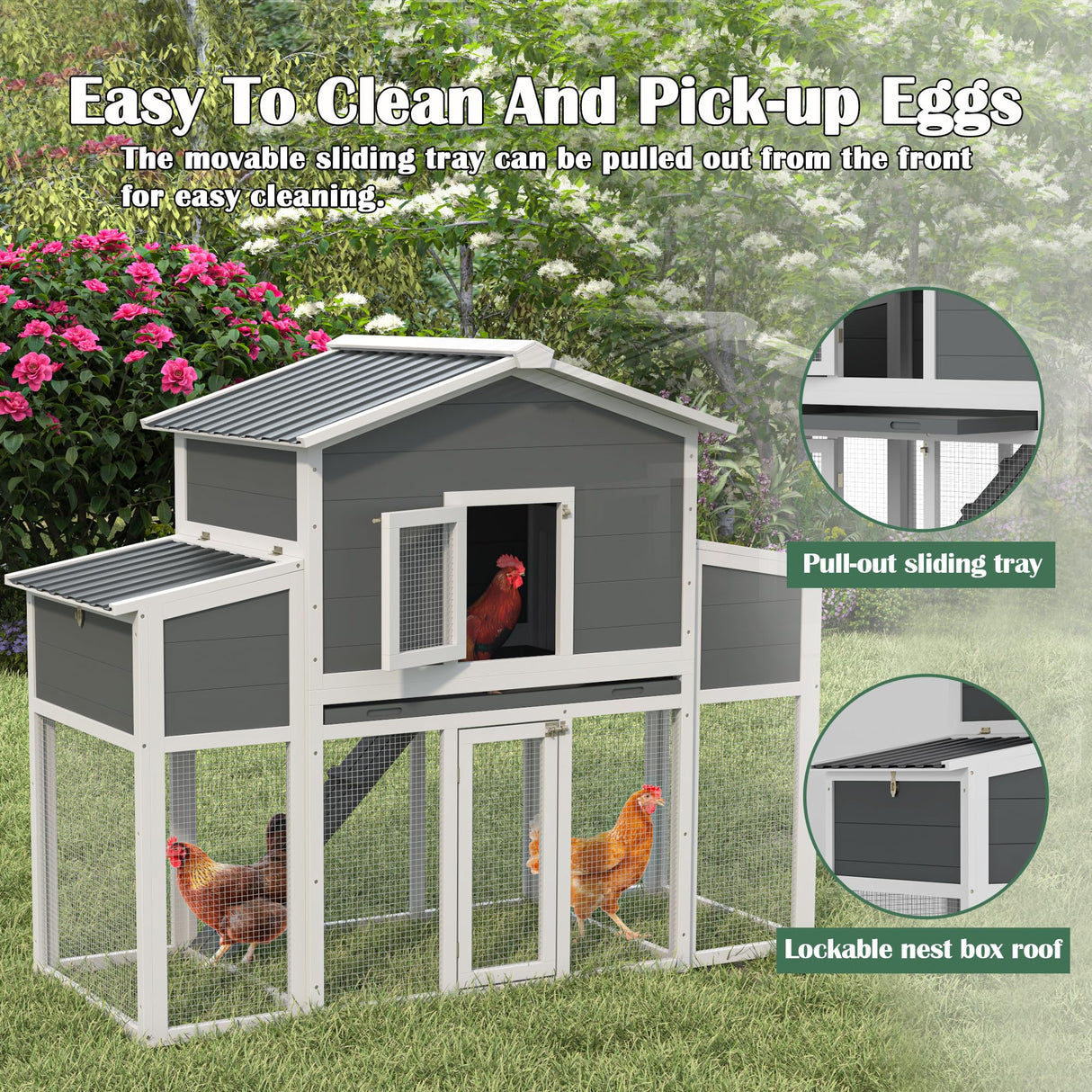 Wooden Chicken Coop for 2-6 Chickens, Outdoor Chicken House with Run & 2 Nest Boxes, Outside Hen House Poultry House Pet Hutch Chicken Cage with Waterproof Roof & Ramp, (66''LX32''WX53''H) Sunnibety
