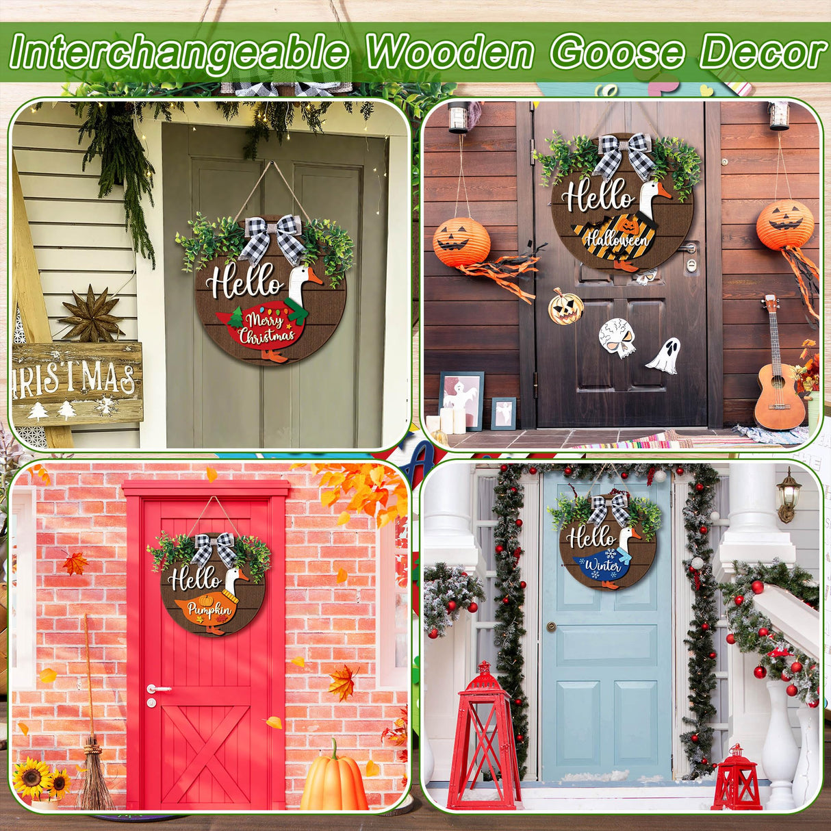 Weysat 13 Pcs Interchangeable Wooden Goose Decor, 11.8 Inch Holiday Seasonal Welcome Changeable Hello Geese Signs Rustic Farmhouse Front Door Round Wreaths Hanging Decorations for Porch Home Outdoor Weysat
