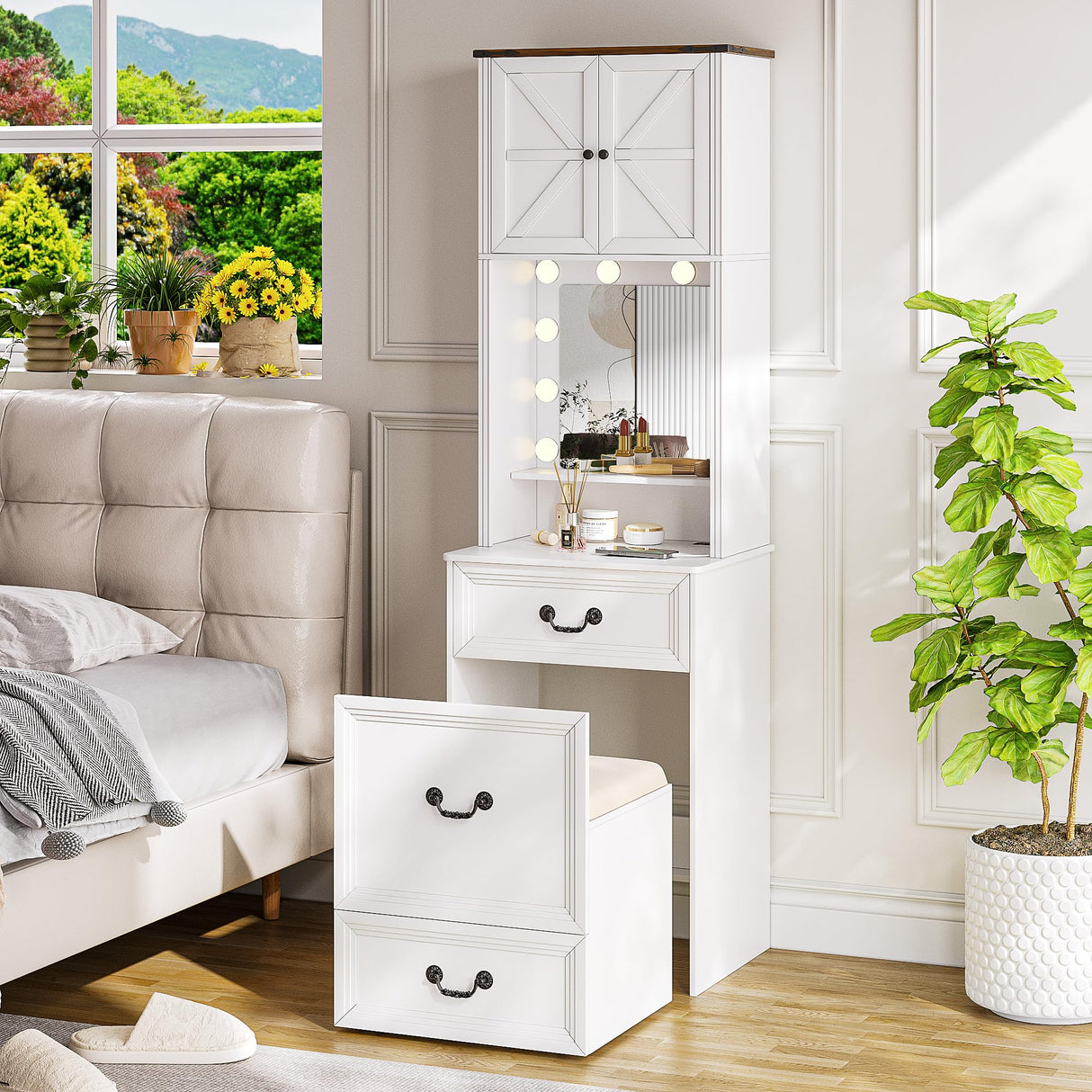 Compact Vanity with Mirror and Lights, Makeup Vanity Desk w/Storage Drawers & Shelves, Farmhouse Vanity Table with Hidden Chair for Bedroom, Dressing Table Gift for Girls Lady TAGELIER