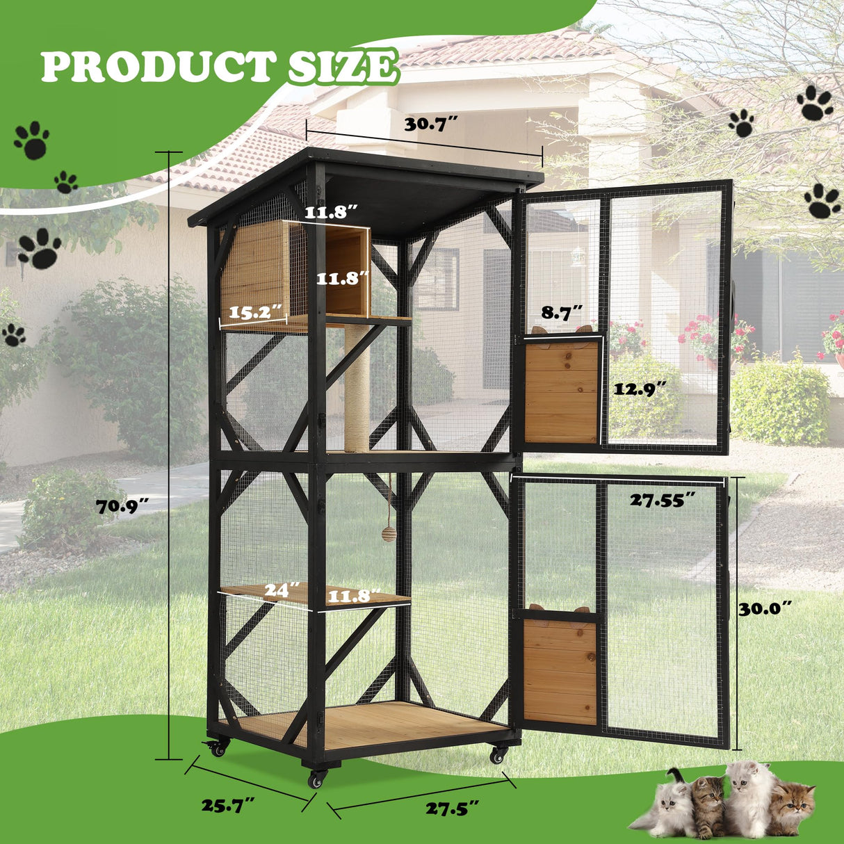 Grepatio Catio Outdoor Cat Enclosure, 4 Tiers Cat House with Waterproof Roof, Indoor Cat Cage with Wheels and Removable Floor, Large Outside Wood Cattio Kitty with Resting Box, Window Access (Black) Grepatio