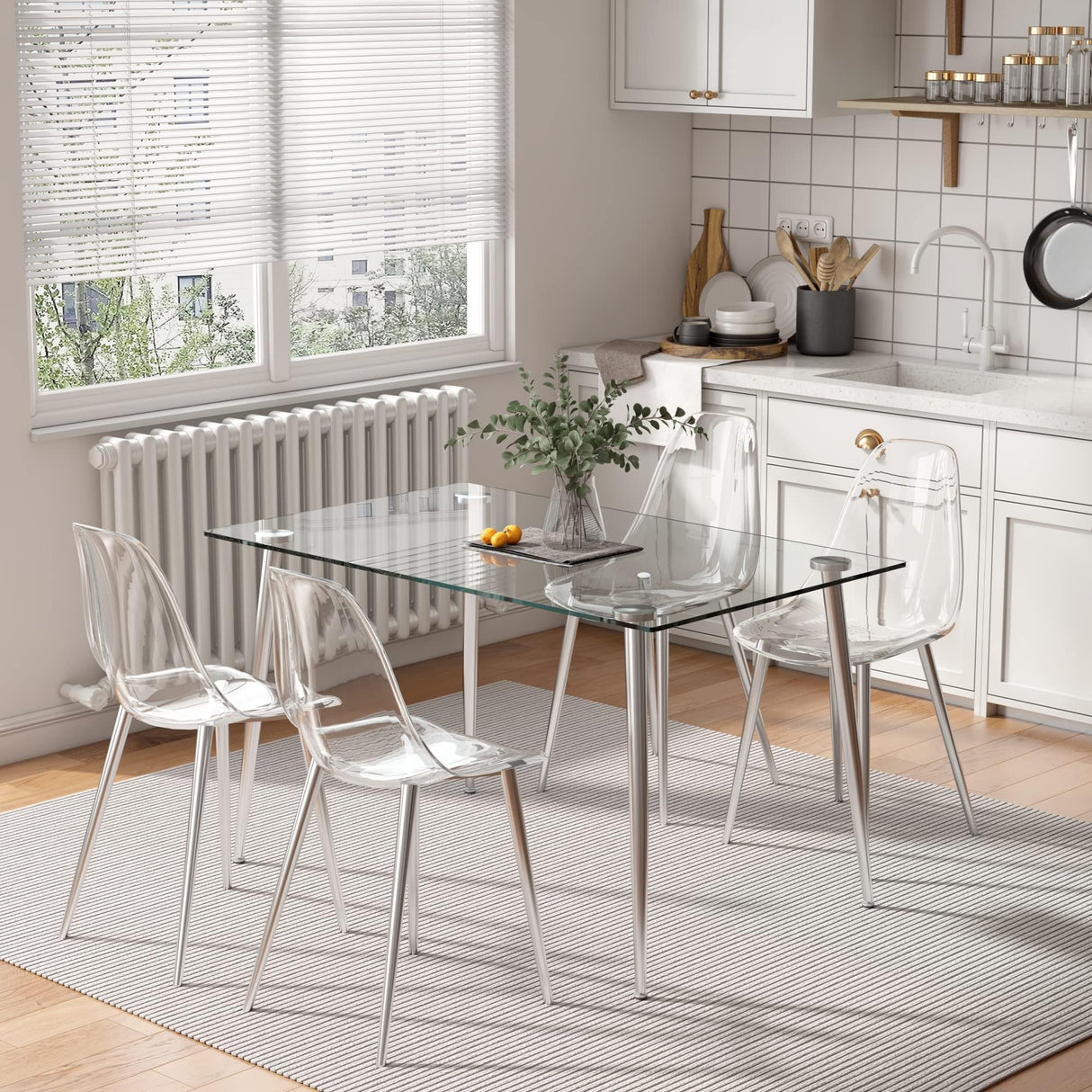 Baysitone Clear Dining Chairs Set of 4, Modern Kitchen Chairs with Transparent Seat, Acrylic Accent Side Chairs with Metal Legs for Dining Room, Kitchen, Living Room with Silver Baysitone