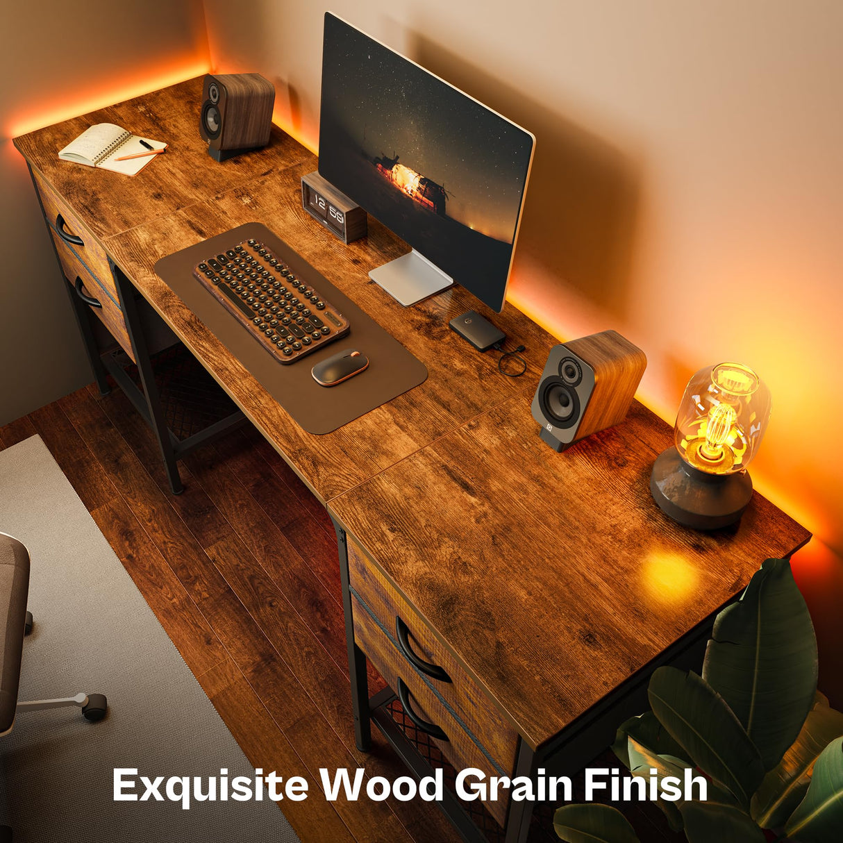 Huuger 63 Inch Computer Desk with 4 Drawers, Office Desk with Mesh Shelf, Gaming Desk, Large Storage, Writing Desk Work Desk for Home Office, Study, Bedroom, Work from Home, Rustic Brown Huuger