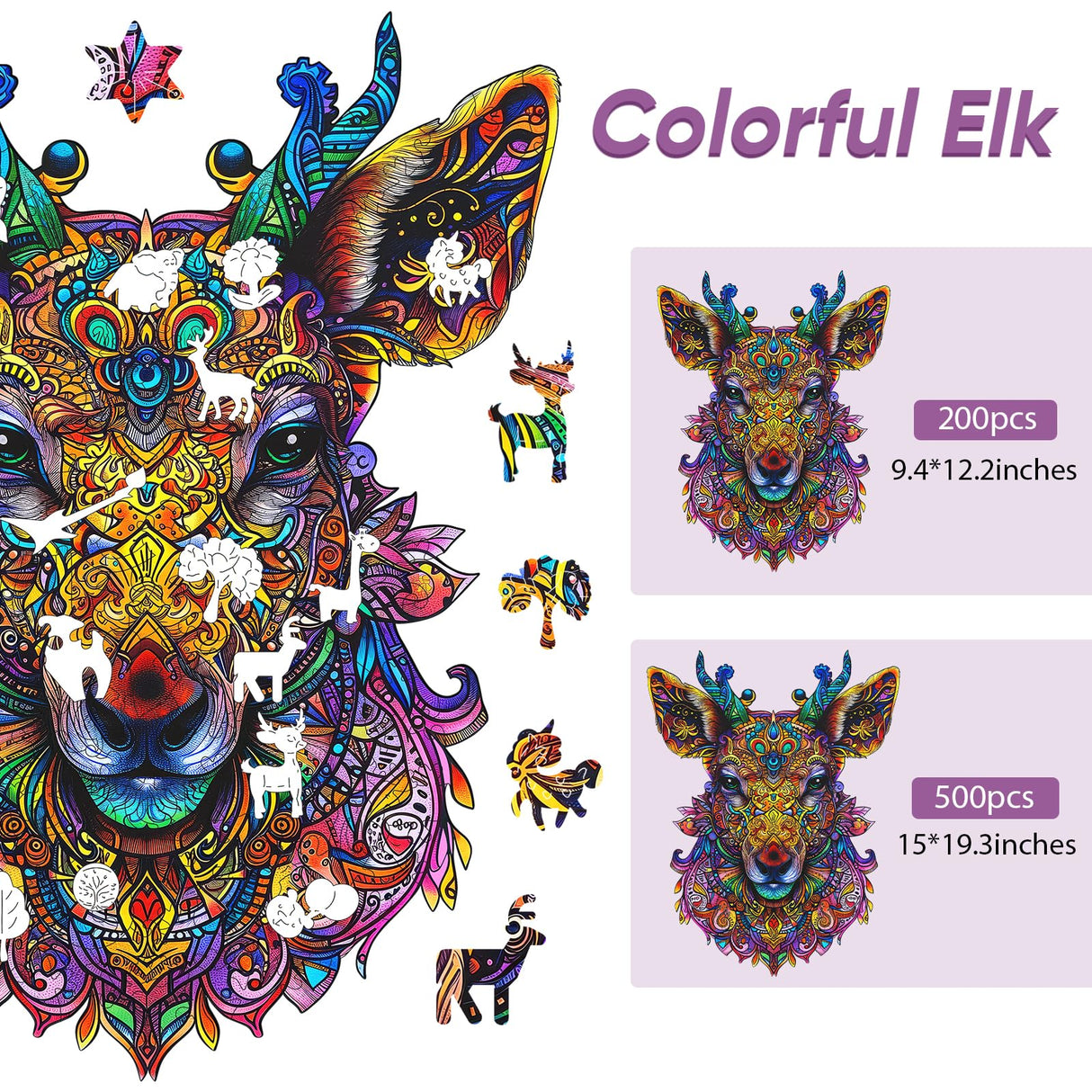 Ruikiyart Wooden Puzzles for Adults Mandala Deer Jigsaw Puzzles 200Pcs Unique Shapes Colorful Elk Animal Puzzles Fabulous Gift for Kids and Adults on Birthday,Thanksgiving,Christmas 9.4x12.2 Inches Ruikiyart