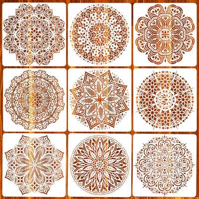 Eunvabir 9 Pack 12x12'' Mandala Stencils for Painting on Wood, Floor, Wall, Tile Fabric, Reusable Furniture Stencils Painting Template