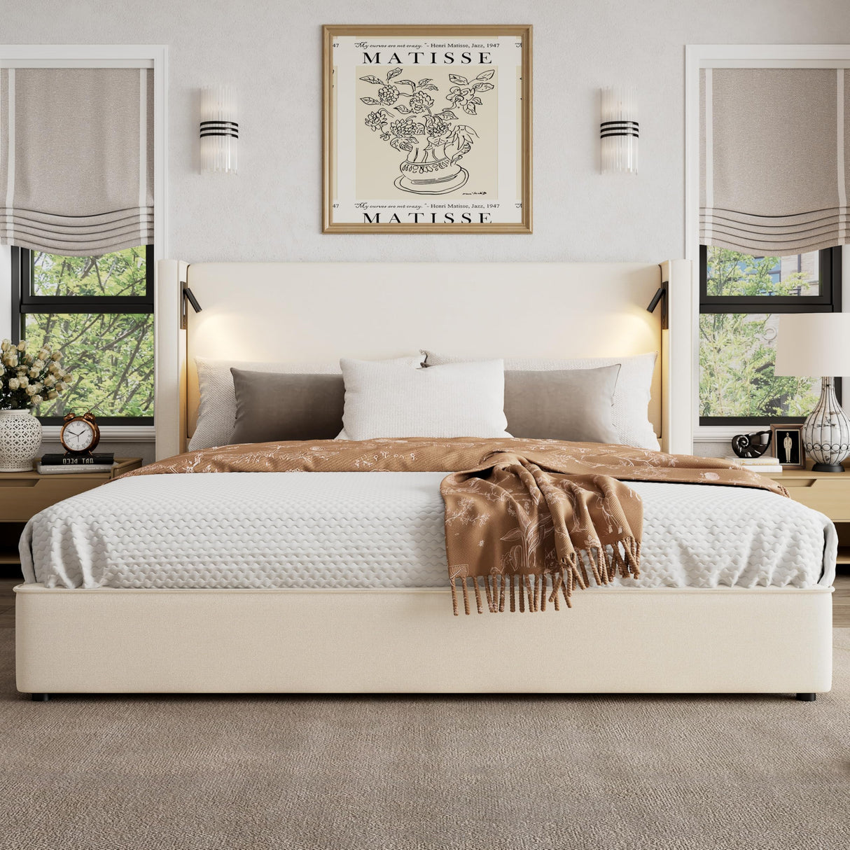 Christopher Knight Home Hazel 49.20" H King Headboard Bed, Upholstered King Size Bed, Slats Panel Support Platform, No Spring Box Needed, Wingback Headboard with Reading Lamps and USB, Beige Christopher Knight Home