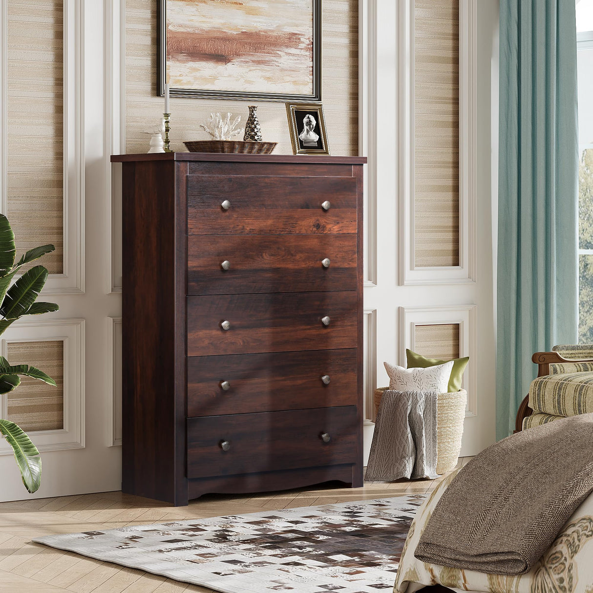WLIVE Wood Dresser with 5 Drawer, Cabinets Dressers Wood Dresser Cabinet, Organizer Drawers for Bedroom, Living, Hallway, Measuring 15.7" W*31.4" D*45.3" H, Brown WLIVE