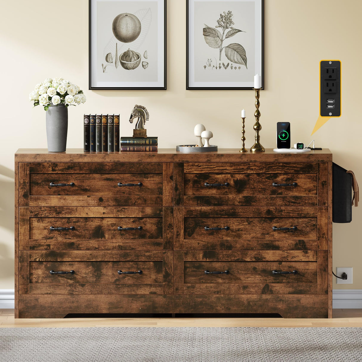 DWVO Farmhouse 6 Drawer Dresser for Bedroom, 60 Inch Large Modern Dresser TV Stand with Large Drawers & Bar Handles, Storage Dressers with Power Outlets, Rustic Wood Chest of Drawers, Rustic Brown DWVO