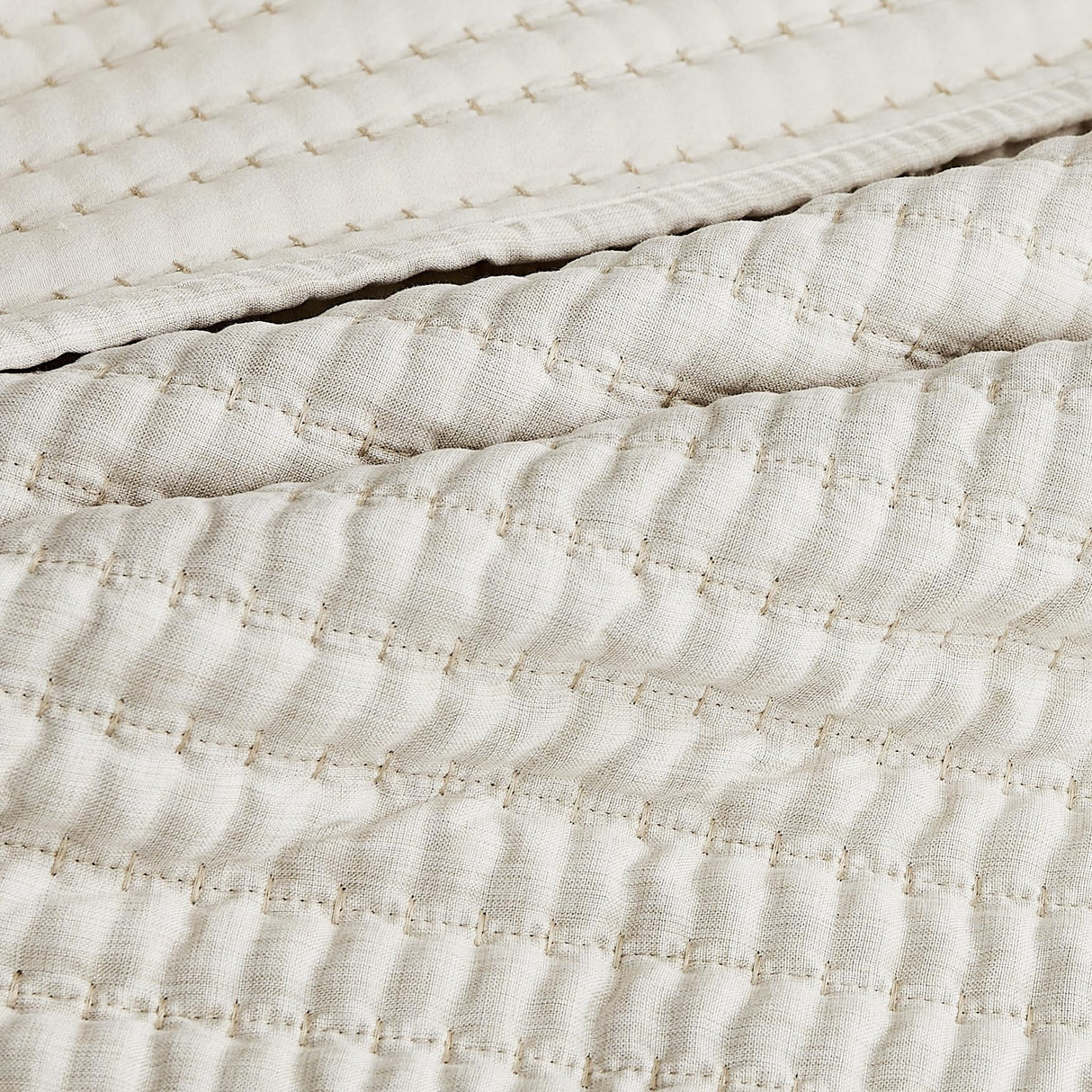 WDCOZY Beige Pick Stitch Queen Size Quilt Set, Striped Lightweight Soft Summer Spring Bedspread, Bamboo Linen Like Textured Coverlet, Chambray Farmhouse Country Rustic Bedding, Netural Thin Comforter WDCOZY