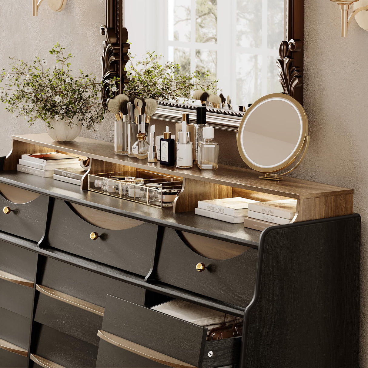 63" W 9-Drawer Black Dresser for Bedroom, Modern Wood Chest of Drawers w/LED Light, Round Knobs & Solid Wood Handles, Long Wooden Dresser TV Stand w/Shelf for TVs up to 75", Curved Profile Design STO'SENSE