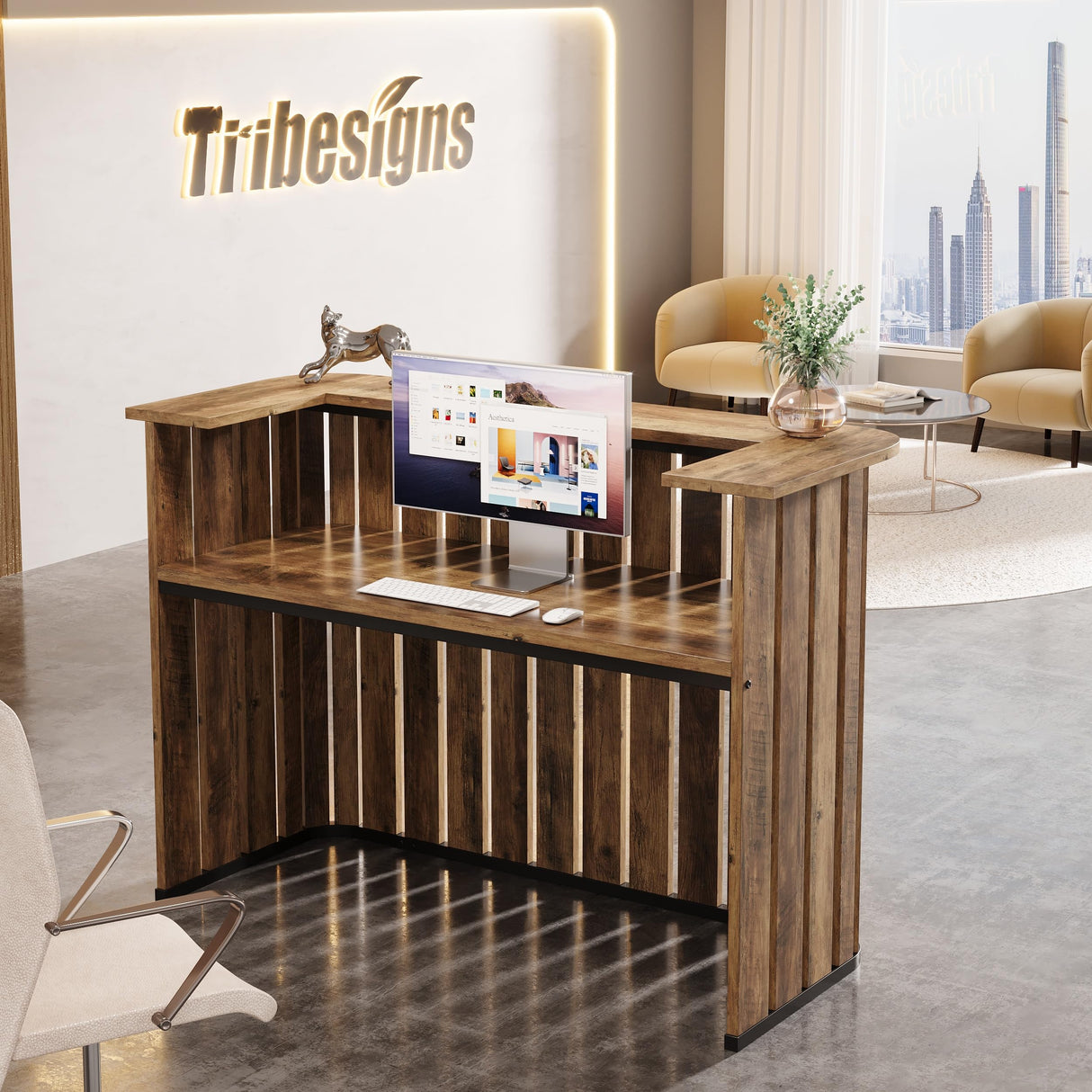 Tribesigns 63-Inch Reception Desk with Counter, Modern U-Shaped Front Desk with Private Panel, Retail Checkout Counter Table for Lobby, Salon, Reception Room, Office, Brown Tribesigns