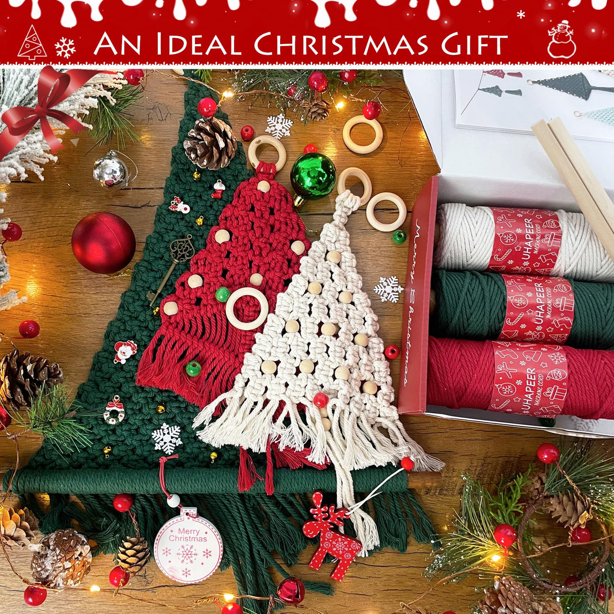 UHAPEER 137PCS Macrame Kits for Adults Beginners DIY Macrame Christmas Tree and Boho Macrame Supplies with 3 mm Macrame Cord Cotton Beads Xmas Ornaments Christmas Decorations Gifts Wall Hanging UHAPEER