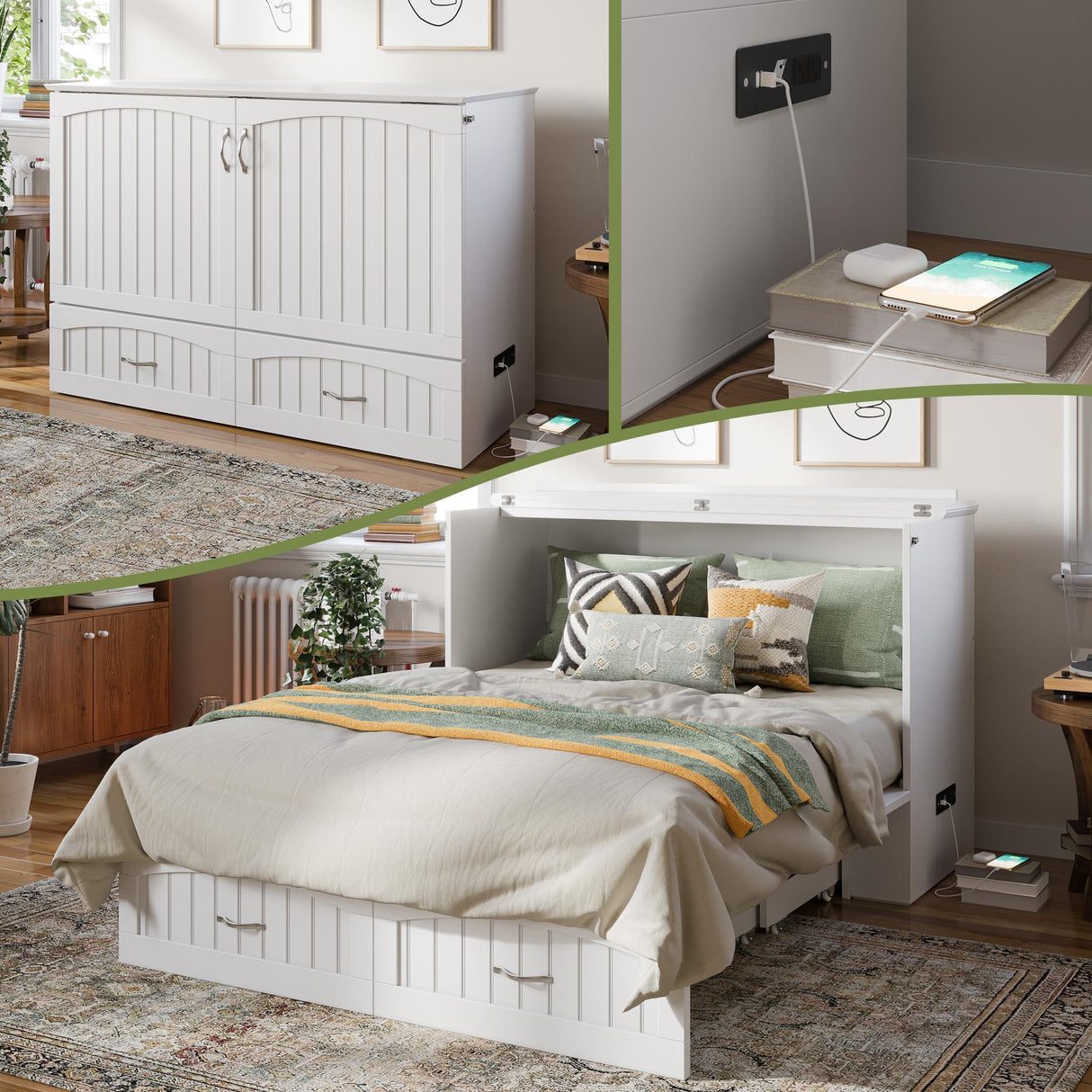 AFI, Southampton Murphy Bed Chest Full with 6" Mattress, Built-in USB Charger & Storage Drawer, White AFI