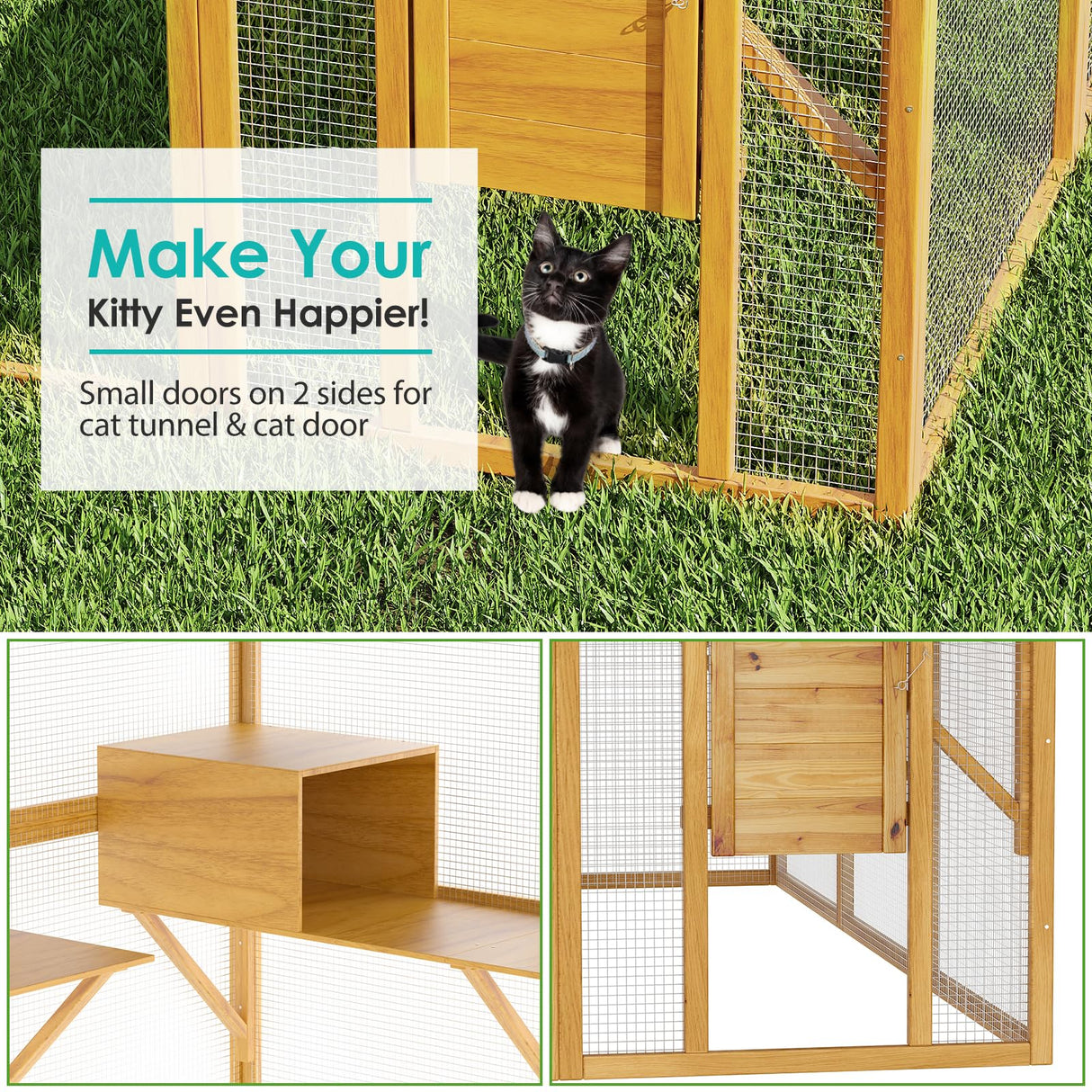Lovinouse Extra Large Wooden Outdoor Cat House, 57ft² Cat Run Enclosure Walk in Catio Kitten Condo with Enter Door, 2 Doors, 2 Playpen & Hiding Houses, Bridges, Walks, Roof Cover, Golden Yellow Lovinouse