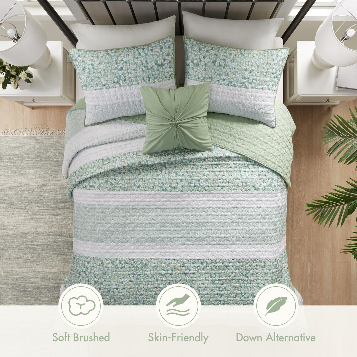 Madison Park Quilt Set, Seersucker Floral Coverlet for King Size Bed, All Season Lightweight Bedding, Farmhouse Quilt Set, Vermicelli Quilting, Throw Pillow, Caralie, King/Cal King Green 4 Piece Madison Park