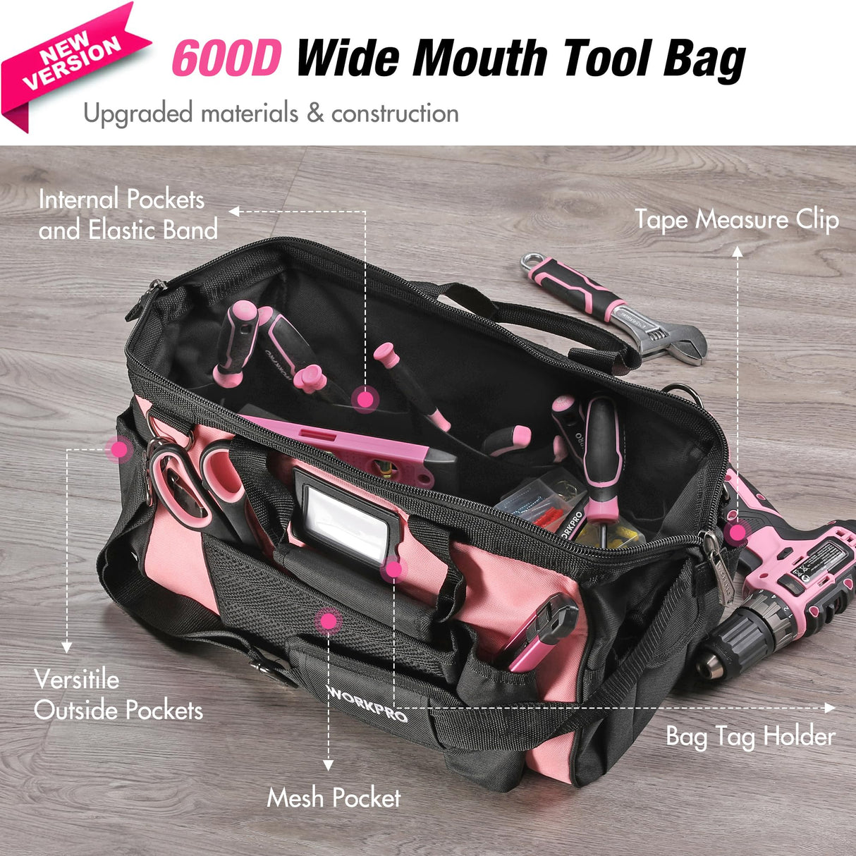 WORKPRO Pink Drill Set with UPGRADED Tool Bag, 157PCS Tool Kit For Home with 20V Cordless Drill Driver, Household Pink Tool Set including Screwdriver, Hammer, Tool Kit for Women and Men-Pink Ribbon WORKPRO