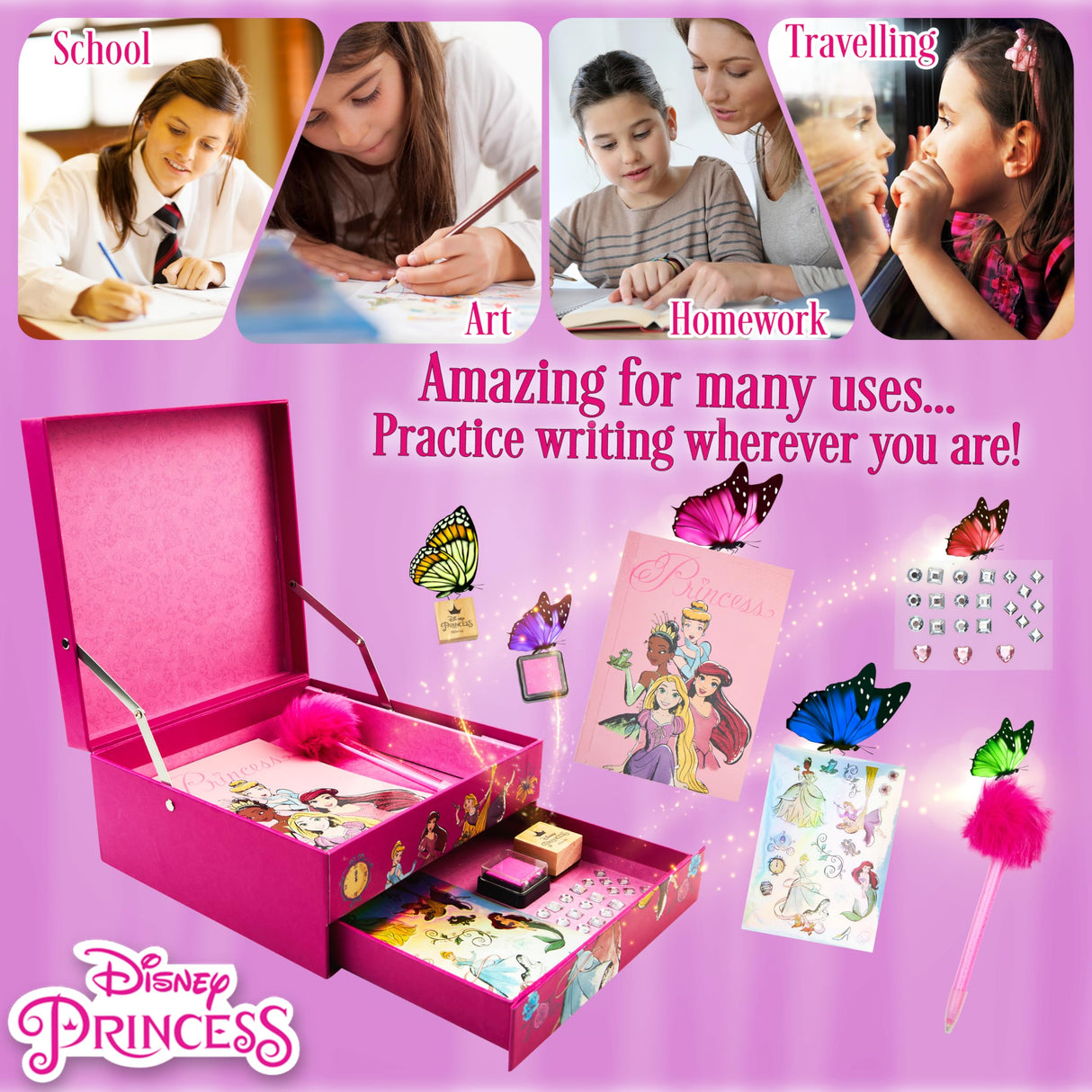 Disney Stitch Notebook Stationery Set Kids Diary DIY Journal Kit and Craft Supplies (Pink Princesses) Disney