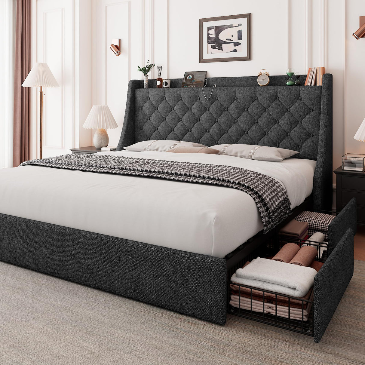 Feonase Queen Bed Frame with 4 Storage Drawers, Upholstered Storage Bed with Charging Station, Tufted Wingback Headboard, No Box Spring Needed, Dark Grey Feonase