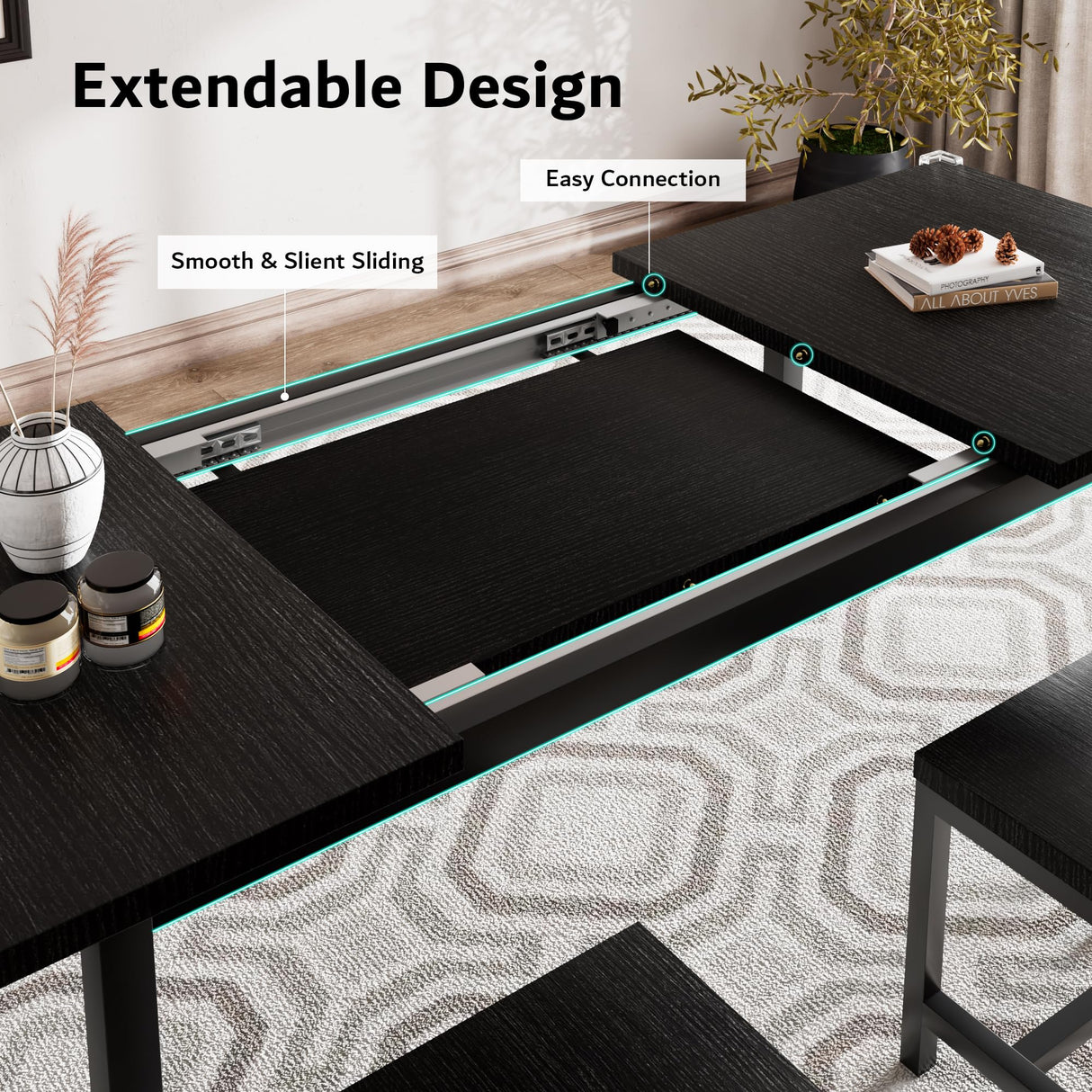 iPormis 7-Piece Dining Table Set with 6 Stools, 63" Extendable Kitchen Table Set for 4-8, Modern Dining Room Table with Sturdy Metal Frame, Space-Saving Dinette, Black iPormis