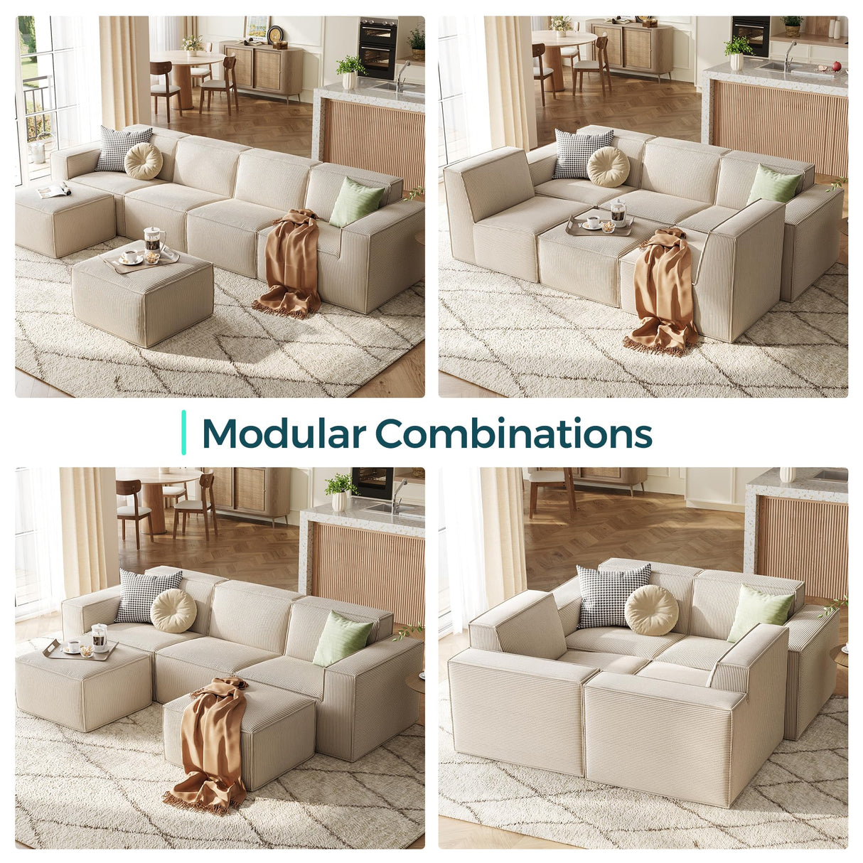 LINSY HOME Oversized Deep Modular Sectional Sofa, Cloud Couch U Shaped 3-Seat Sofa with 2 Ottomans, Corduroy Sectional Couches for Living Room, No Assembly Required, Green LINSY HOME