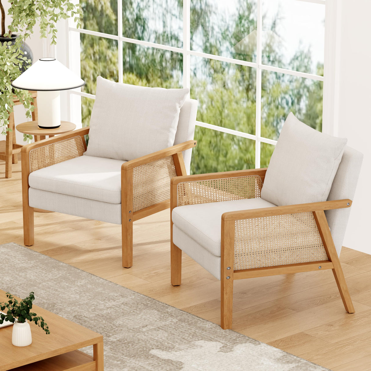 Awonde Ivory Accent Chair Linen Mid Century Modern Upholstered Living Room Chairs with Natural Rattan Arms Bedroom Reading Armchair Awonde