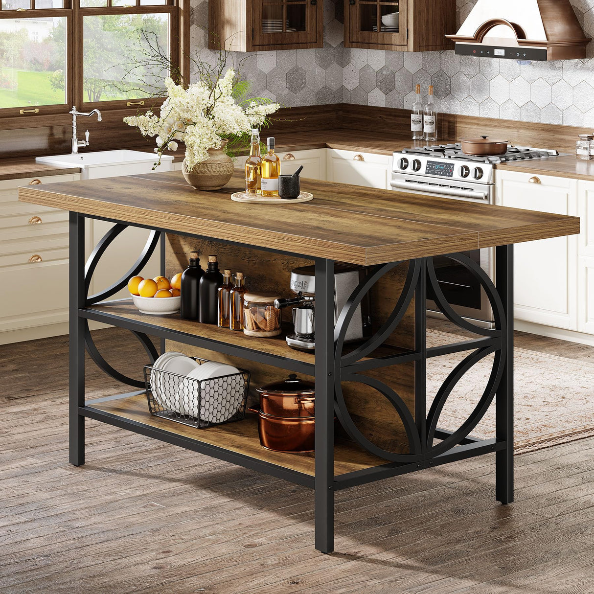 Tribesigns Kitchen Island with Storage, 62.99-Inch Kitchen Island Table with 2 Shelves and Large Worktop, Industrial Bar Table, Easy to Assemble, Rustic Brown (Stools Not Included) Tribesigns