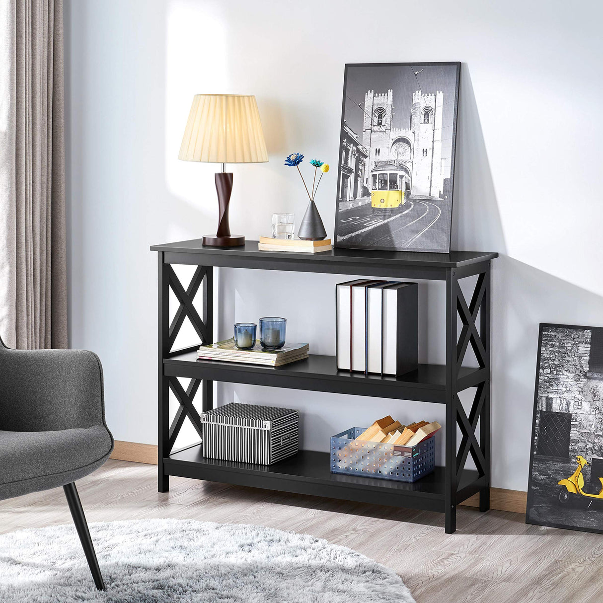 Yaheetech Television Stands & Entertainment Centers with 3 Tier Storage Shelf TV Stand for Living Room, Black Yaheetech