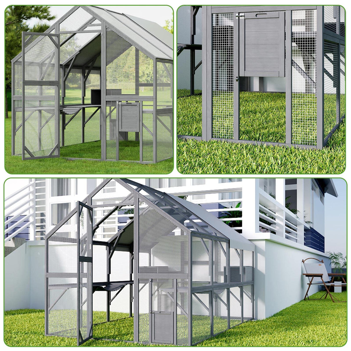 Lovinouse Large Wooden Outdoor Cat House, 57.2ft² Cat Run Enclosure Walk in Catio Kitten Condo with 2 Doors, 2 Playpen & Hiding Houses, Bridges, Walks, Roof Cover, Gray Lovinouse