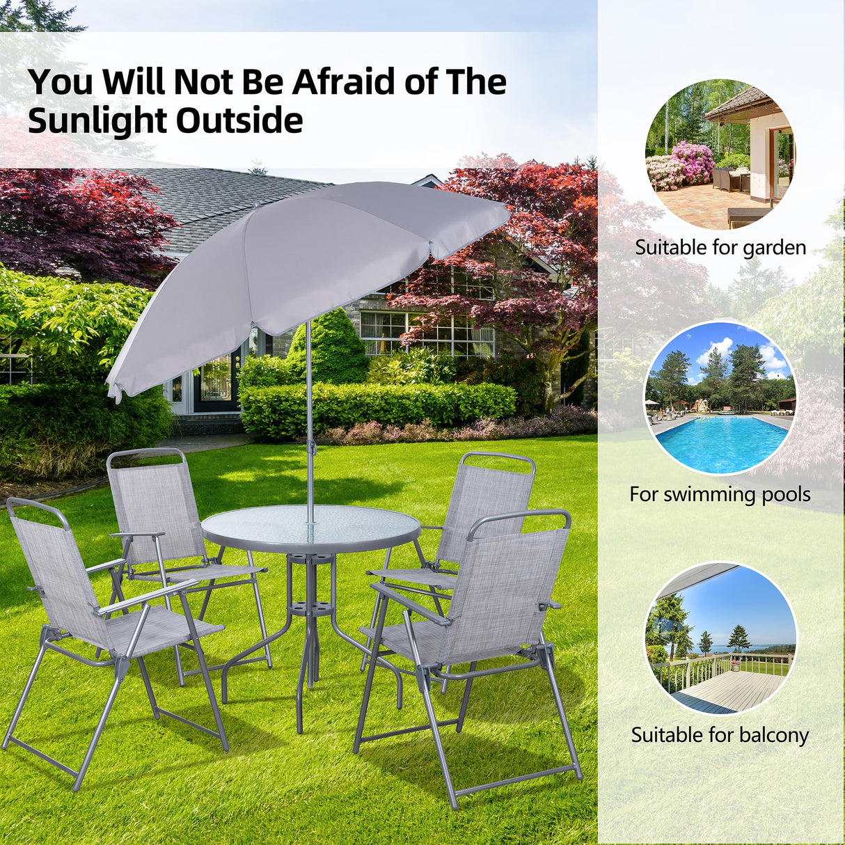 Vongrasig 6 Pieces Folding Patio Dining Set, All Weather Small Metal Outdoor Table and Chair Set, Garden Patio Furniture Set w/Umbrella, Glass Table & 4 Folding Chairs for Lawn, Backyard, Silver Vongrasig