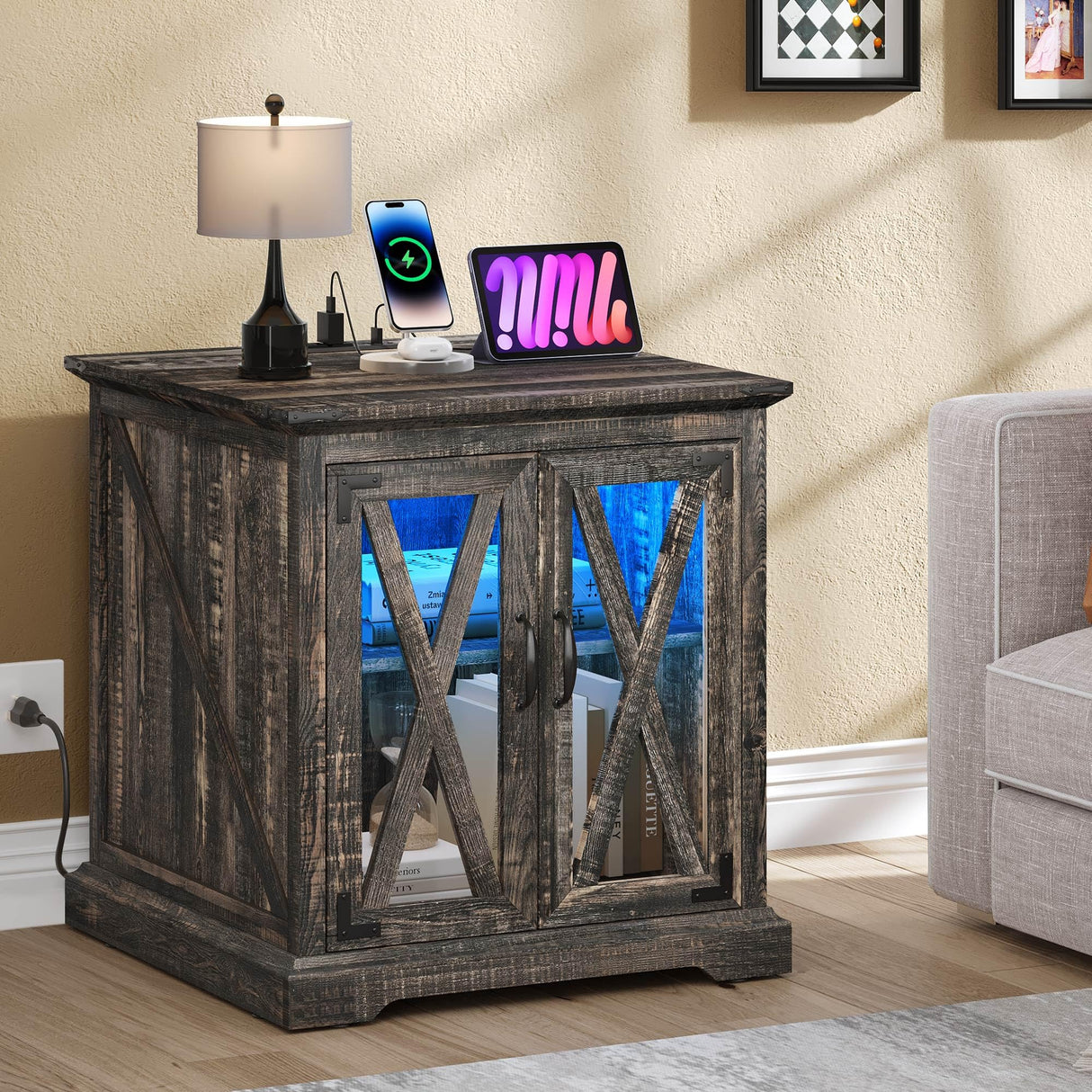 YITAHOME End Table, Farmhouse Sofa Side Coffee Table with Charging Station and LED Lights Bedside Table, Nightstand Storage for Living Room, Bedroom, Office, Dark Rustic Oak YITAHOME