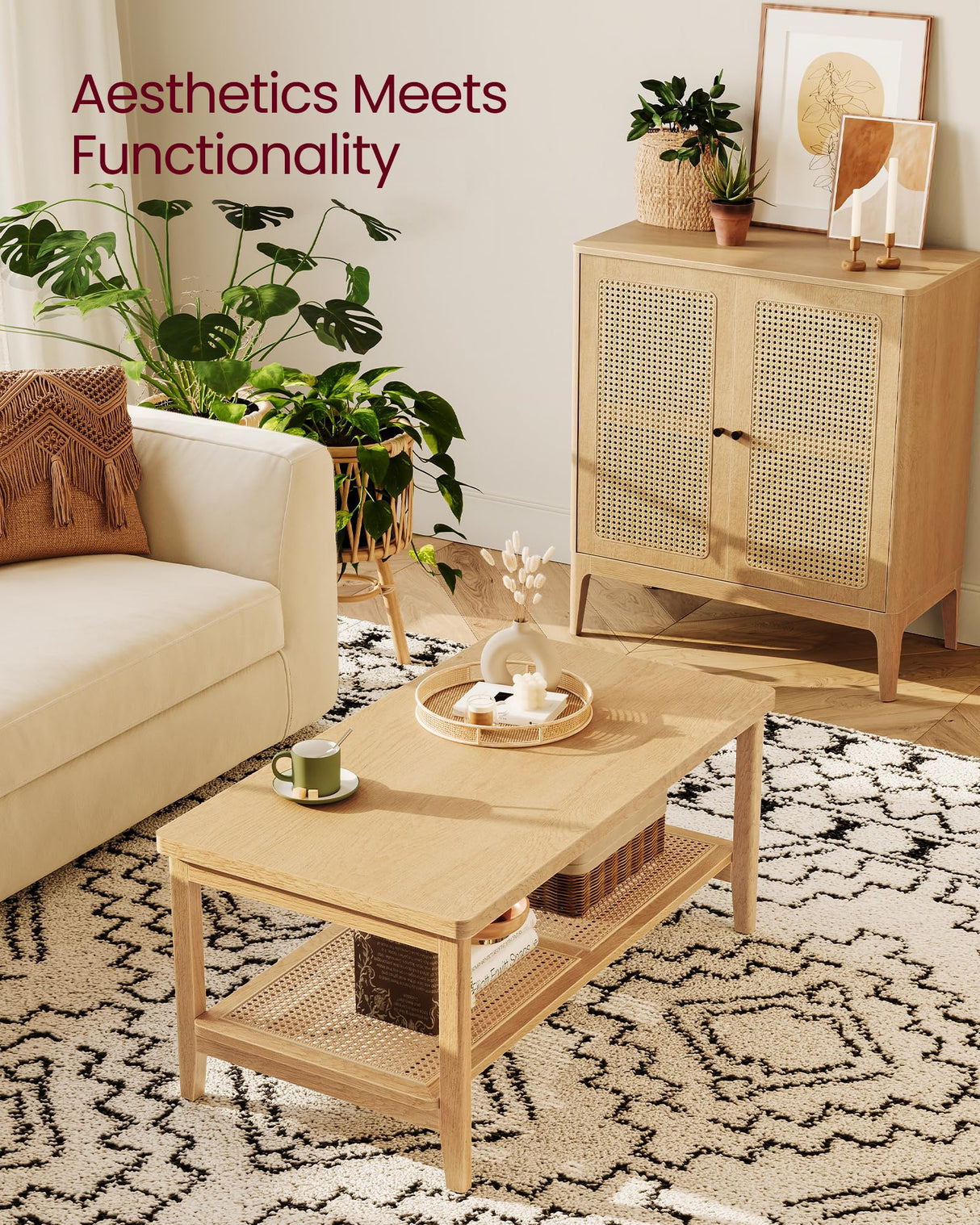 VASAGLE 2-Tier Coffee Table for Living Room, Living Room Table Rectangular Center Table, with PVC Rattan Storage Shelf, Rounded Corners, Easy Assembly, Boho Style, Oak Beige ULCT240Y57 VASAGLE