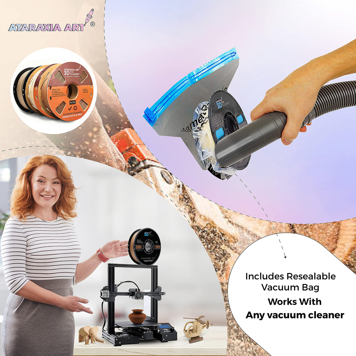 ATARAXIA ART Natural Wood PLA Filament 1.75mm, 1Kg/2.2lb Winded Spool, Wood 3D Printer Filament with Real Wood Fibers,with Filament Storage Bag,Dimensional Accuracy +/-0.03mm,Fit Most FDM 3D Printers ATARAXIA ART