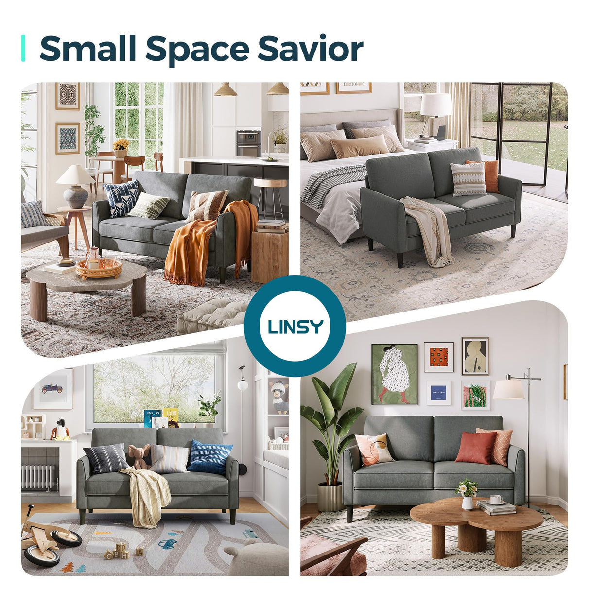 LINSY Loveseat Sofa Couch - Comfy 58" Small Loveseat for Small Spaces Modern Couches with Thick Cushion, Ergonomic Design Soft Sofa for Living Room Bedroom Apartment (Dark Grey) LINSY