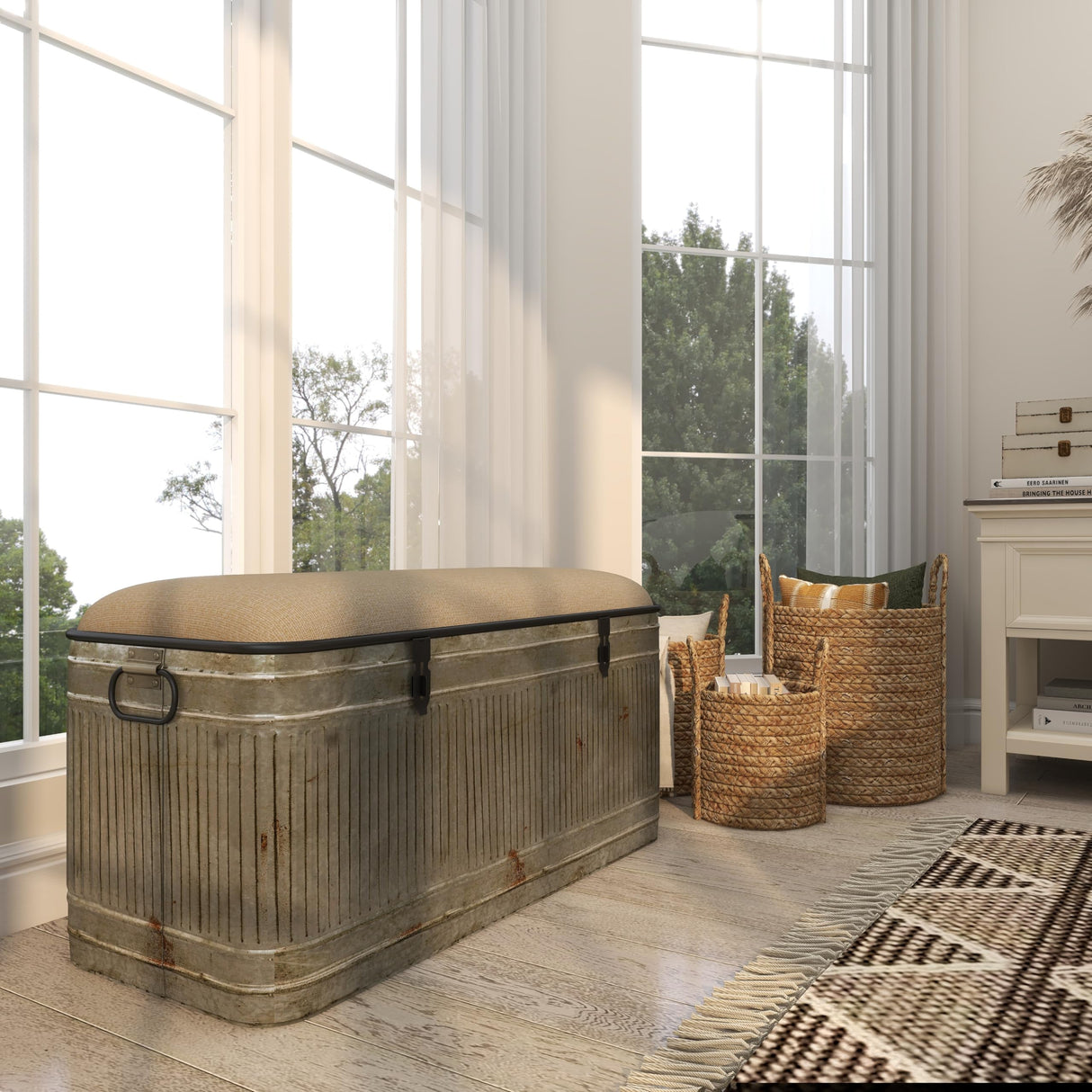 Deco 79 Metal Room Storage Bench Galvanized Entryway Bench with Cream Burlap Top and Black Latches, Bench 38" x 16" x 19", Gray Deco 79