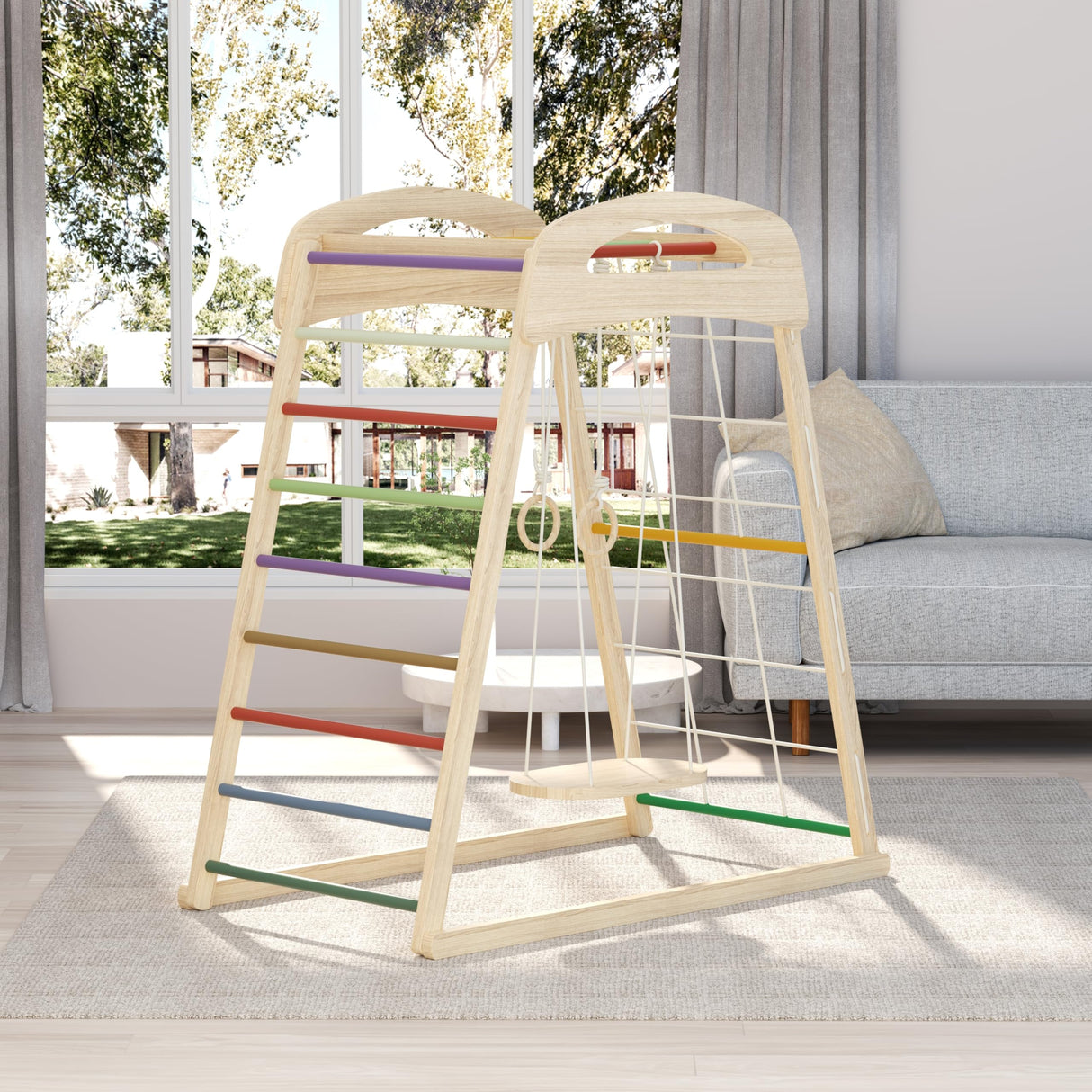 HSSZXFR Indoor Playground for Kids 3-8 Years Old, Jungle Gym Toddler Playset Wooden, Toddler Indoor Play Kids Climbing Gym with Swing, Rope Wall Climber, Pull Tab HSSZXFR