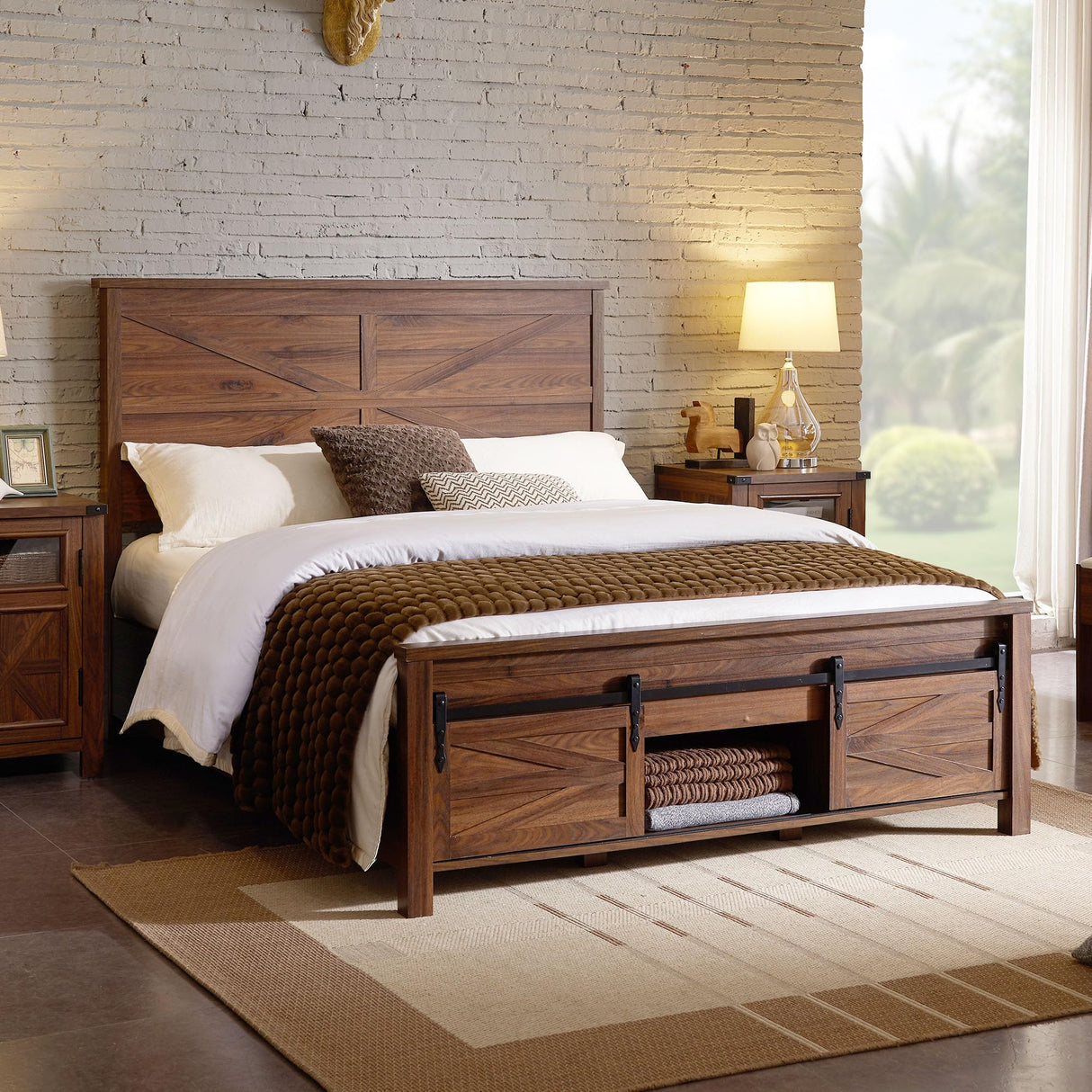 JXQTLINGMU Farmhouse Wood Bed Frame Full Size with Sliding Barn Door Storage Cabinets and Headboard, Solid Wood Slats Support, Noiseless, No Box Spring Needed, Brown JXQTLINGMU